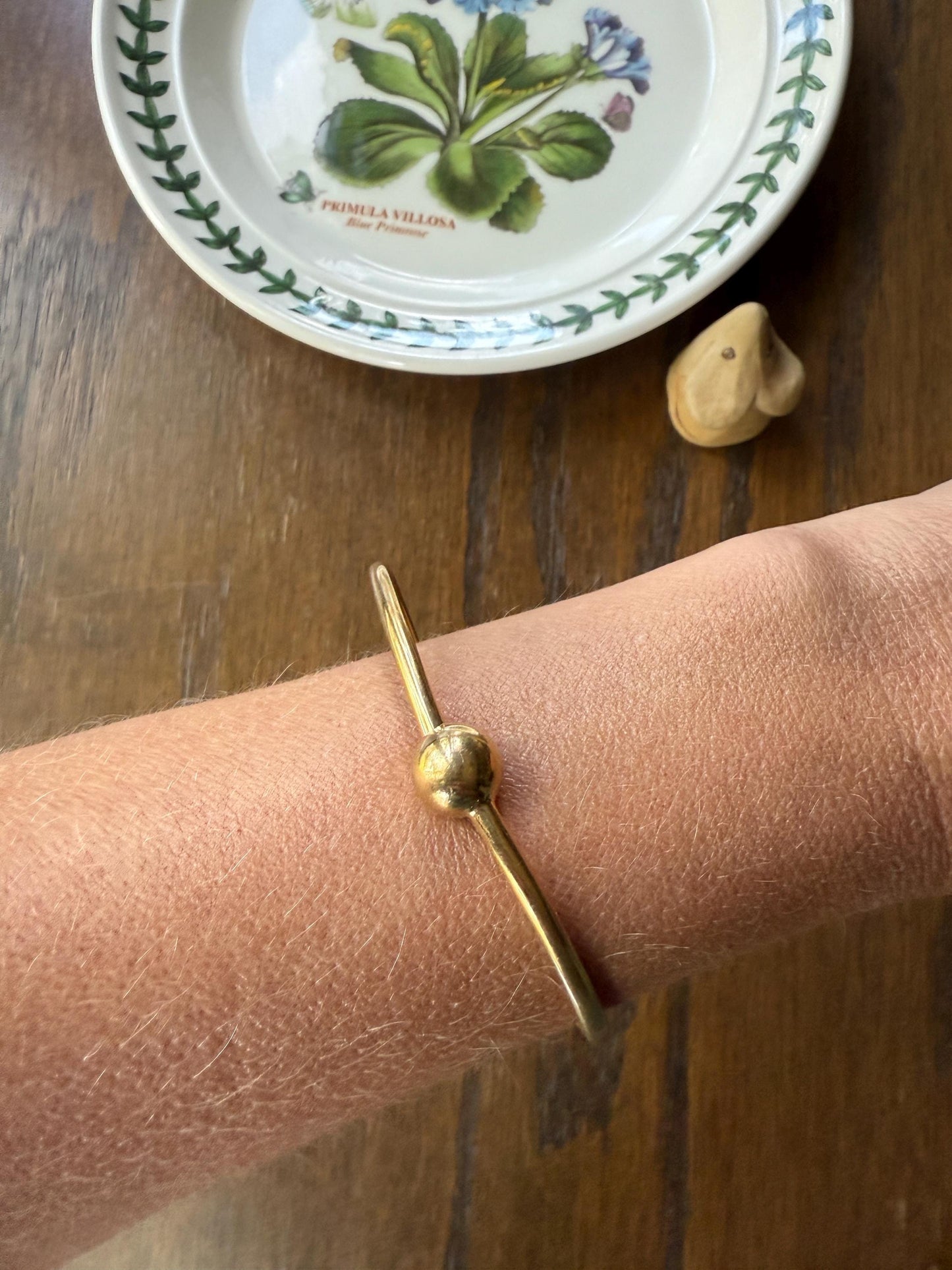 French Vintage 18k Gold BALL Rivet Sphere Tension Bangle Minimalist Wriststack Line Geometric Tube