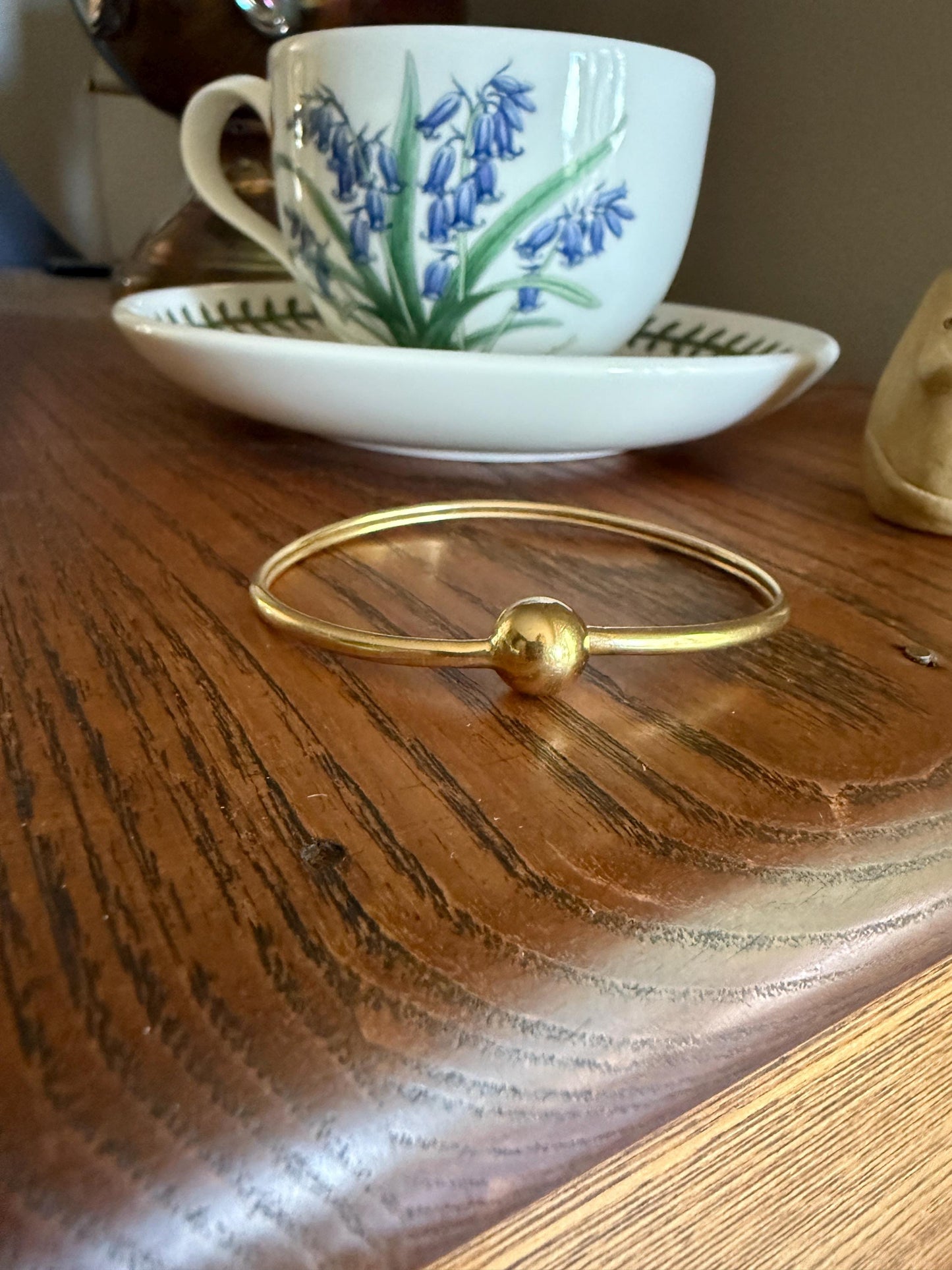 French Vintage 18k Gold BALL Rivet Sphere Tension Bangle Minimalist Wriststack Line Geometric Tube