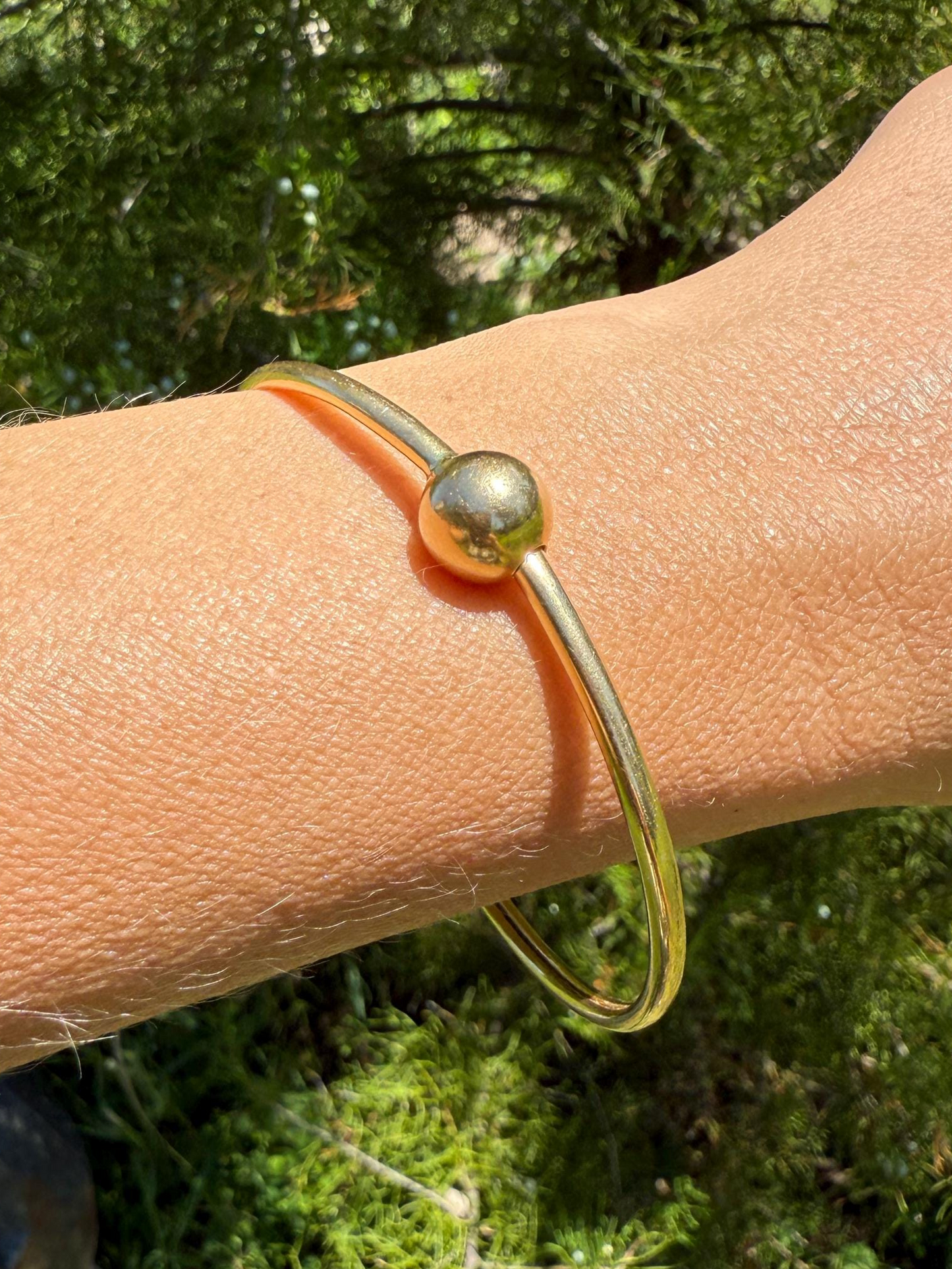 French Vintage 18k Gold BALL Rivet Sphere Tension Bangle Minimalist Wriststack Line Geometric Tube