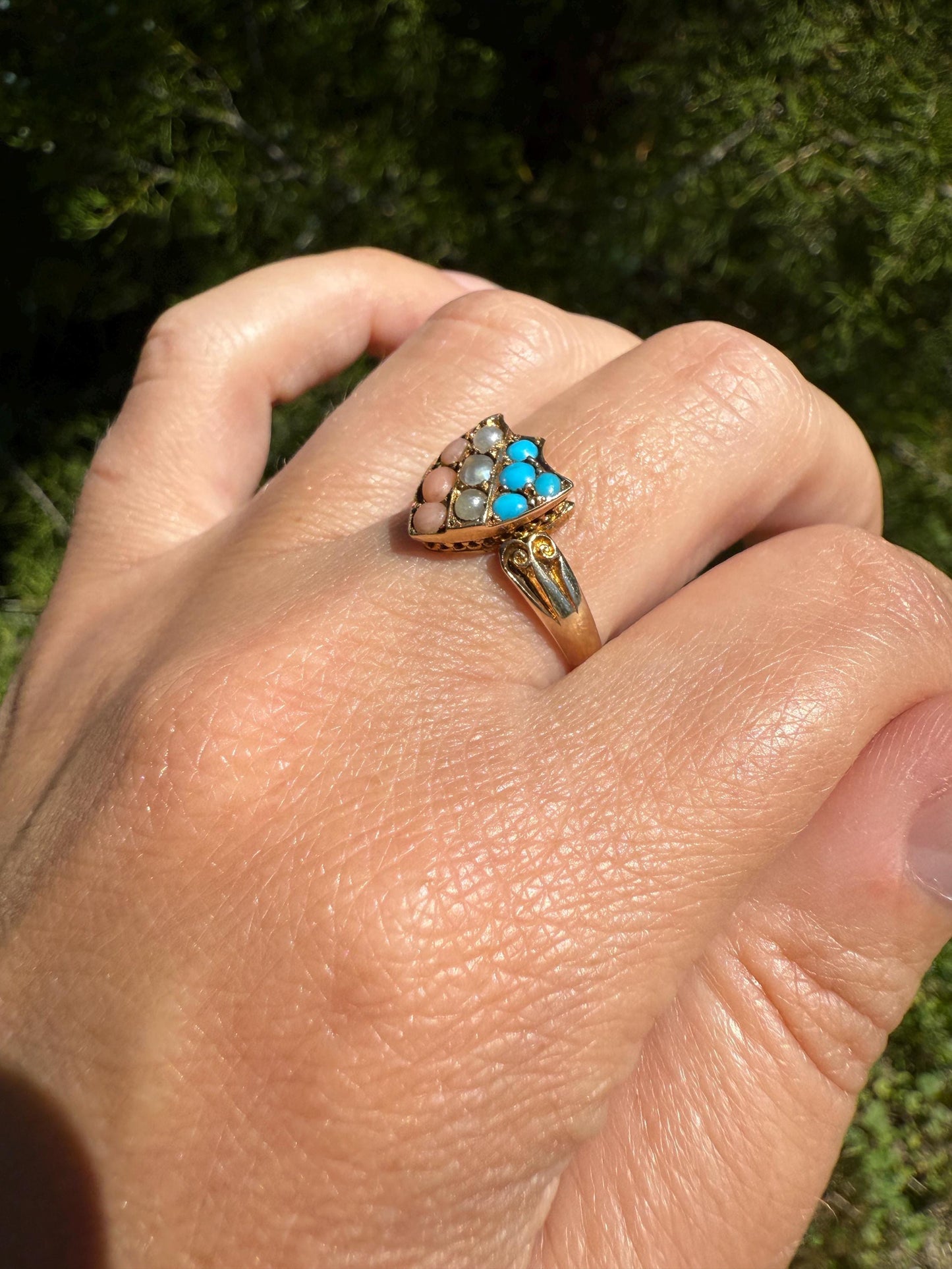 Antique SHIELD Turquoise Pearl Coral Striped 14k Gold Figural Ring Victorian Colorful Geometric Stacker Gift Ringstack Blue Salmon White