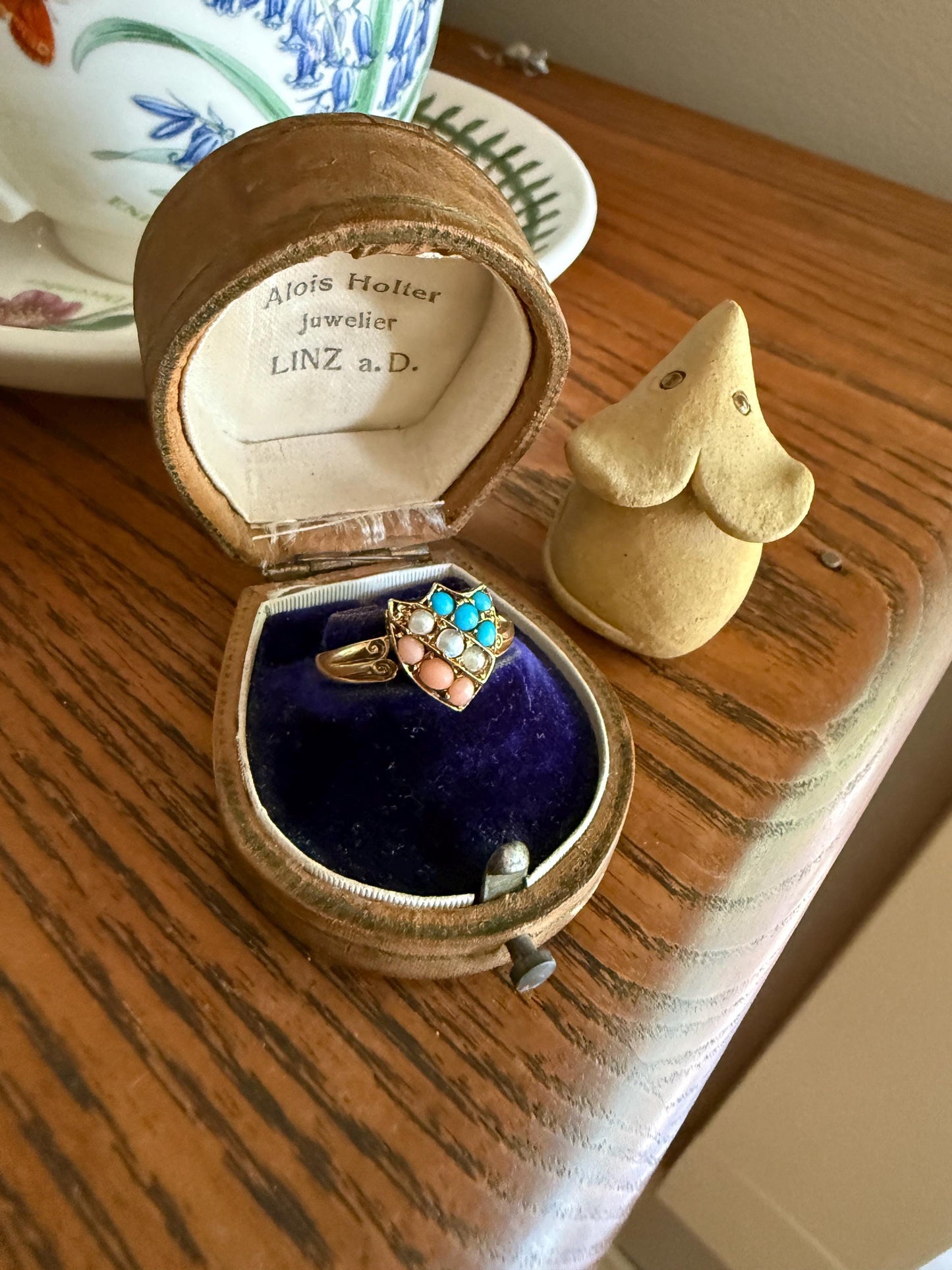 Antique SHIELD Turquoise Pearl Coral Striped 14k Gold Figural Ring Victorian Colorful Geometric Stacker Gift Ringstack Blue Salmon White