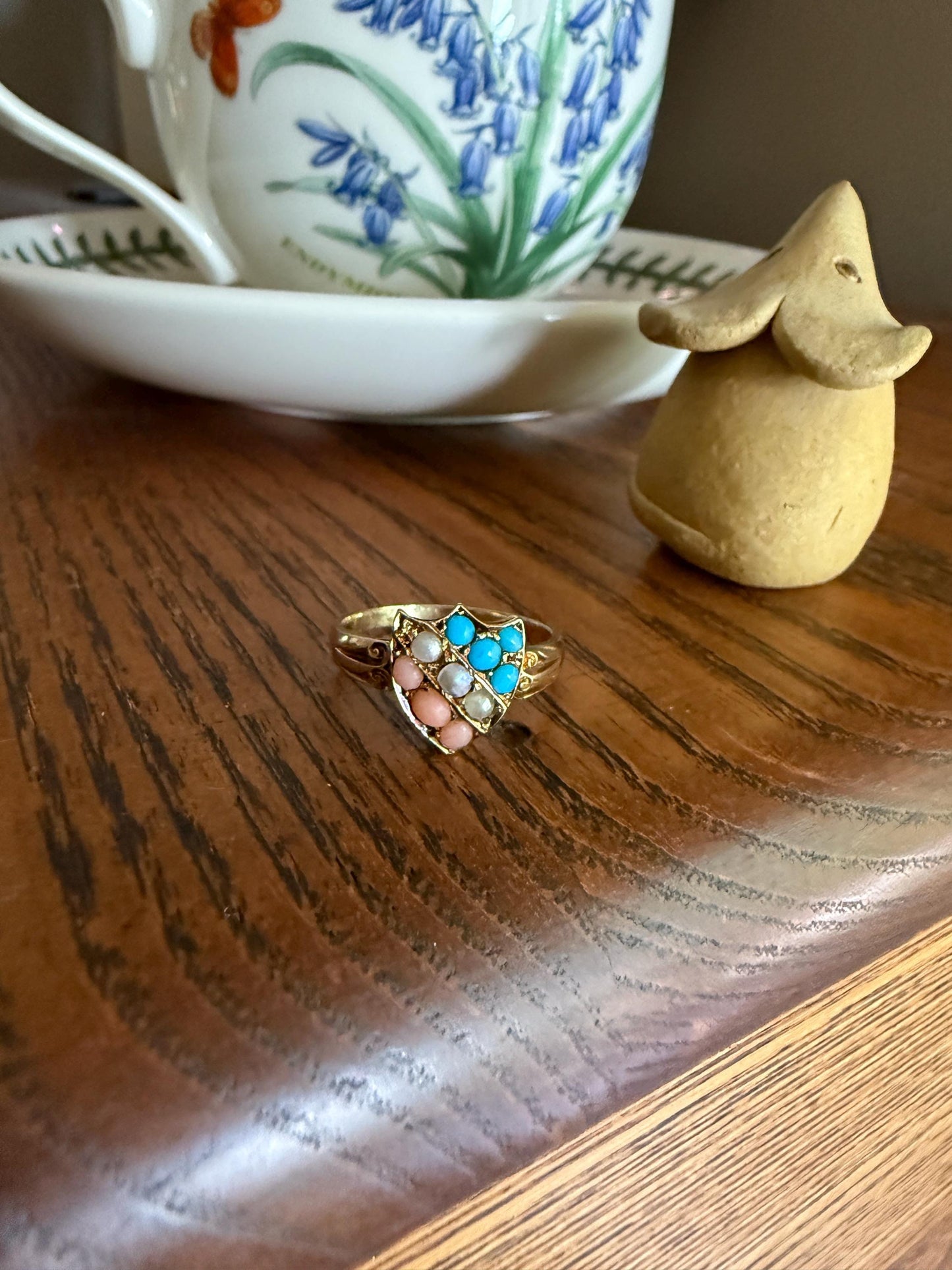 Antique SHIELD Turquoise Pearl Coral Striped 14k Gold Figural Ring Victorian Colorful Geometric Stacker Gift Ringstack Blue Salmon White