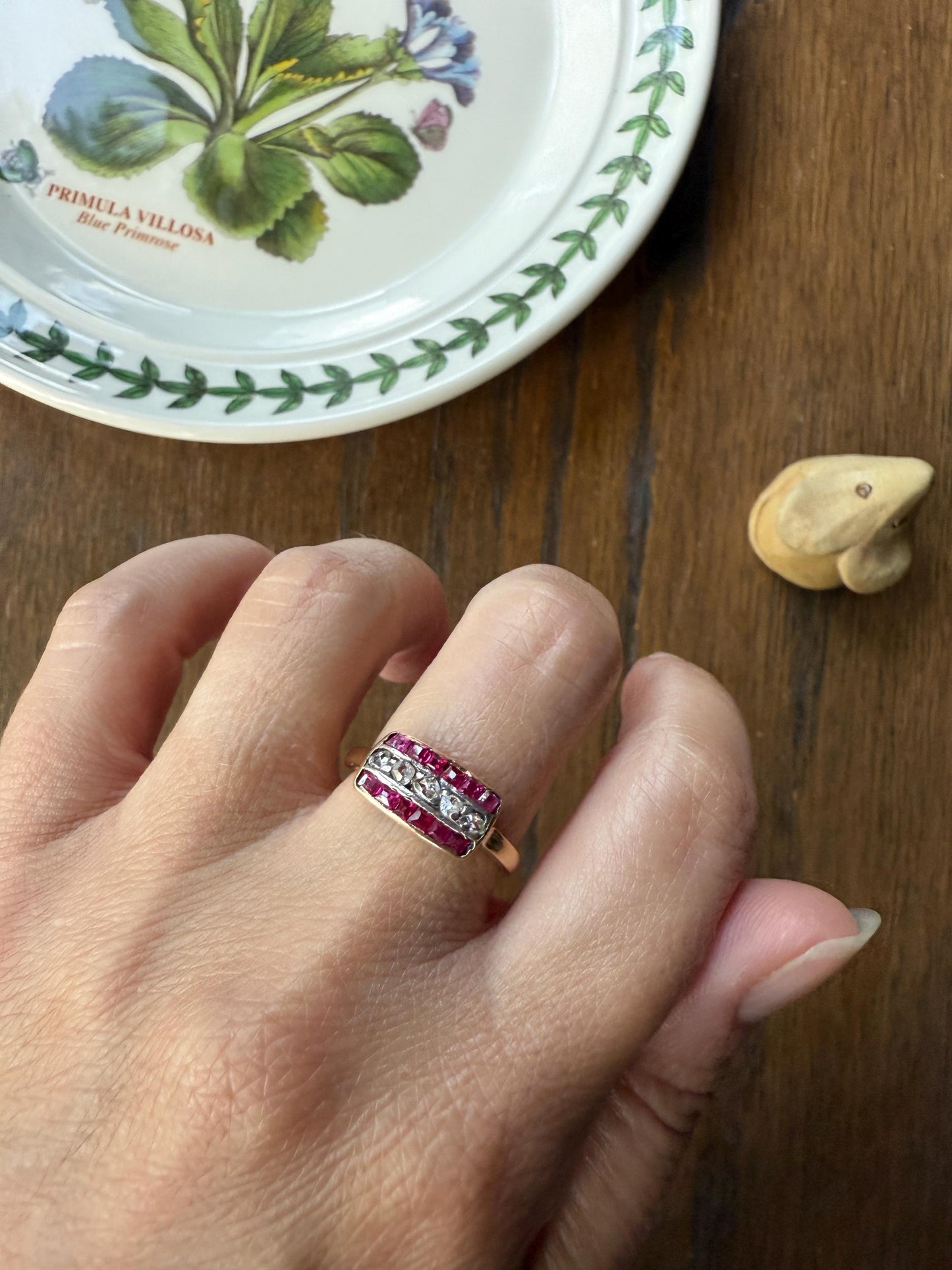 Antique RUBY Rose Cut DIAMOND 18k Gold Linear Grid Ring Rectangular Pink Geometric Carre Channel Set Striped Stacker Sparkle Romantic Gift