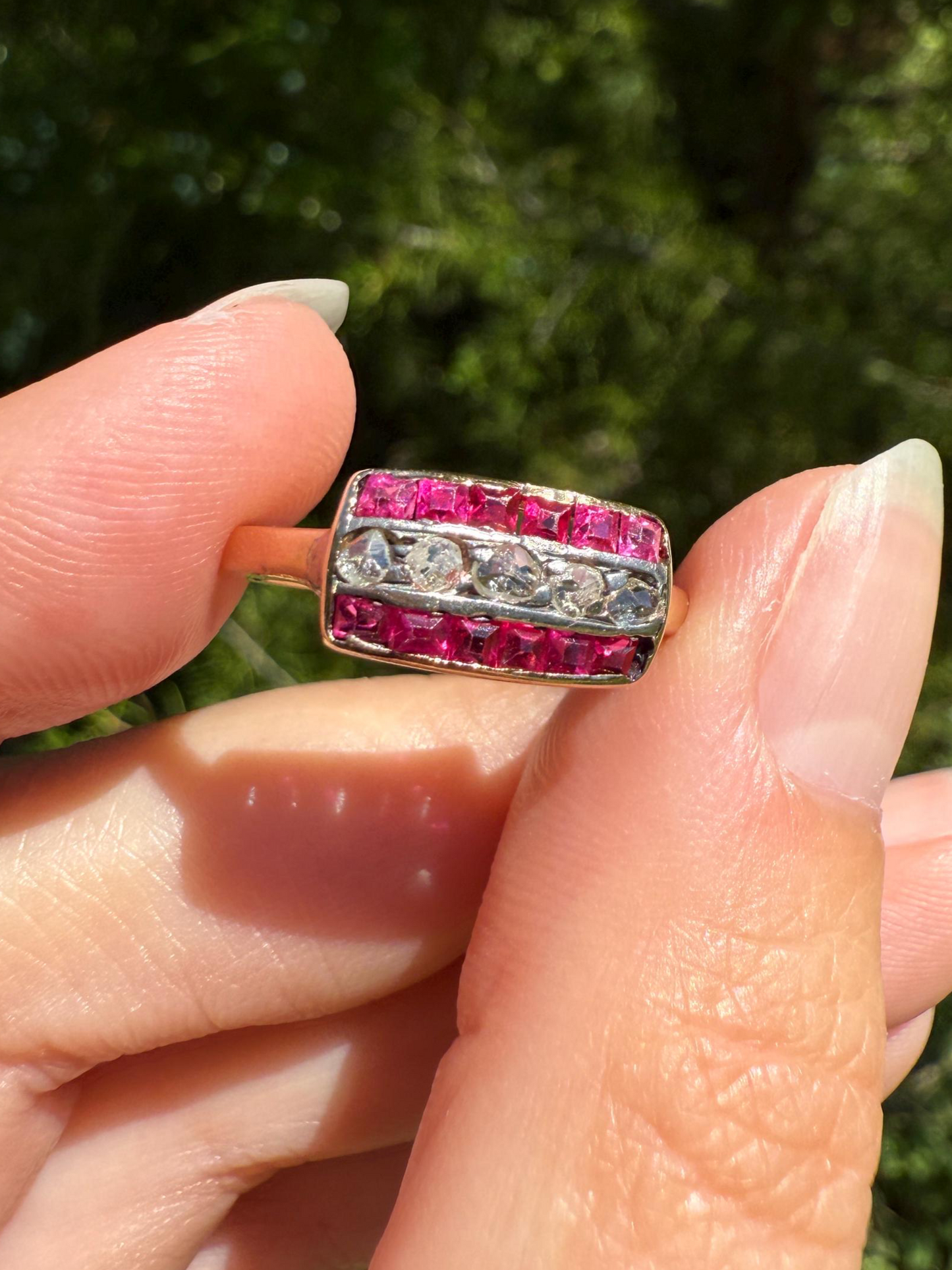 Antique RUBY Rose Cut DIAMOND 18k Gold Linear Grid Ring Rectangular Pink Geometric Carre Channel Set