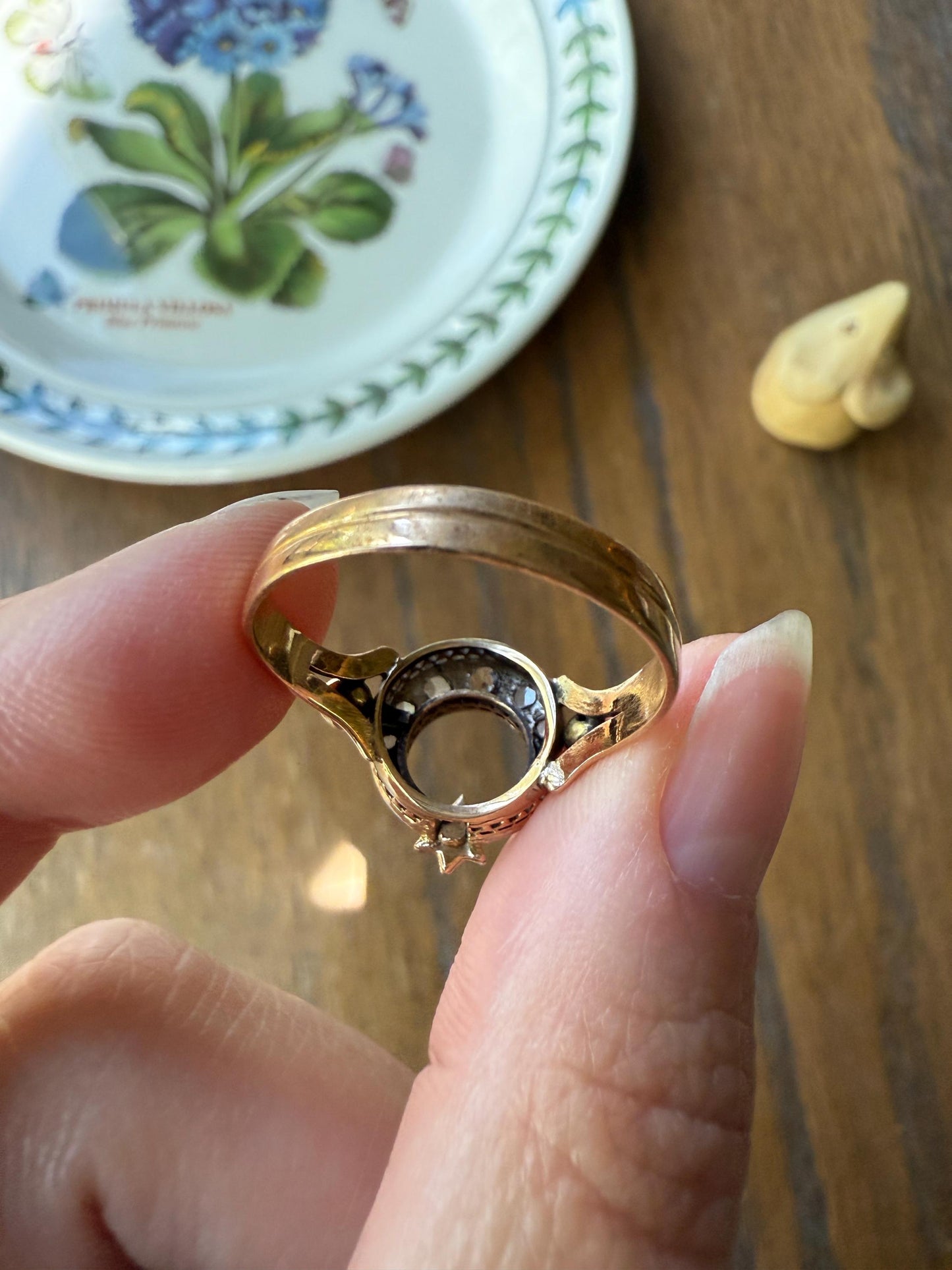 Antique Crescent MOON and STAR Rose Cut DIAMOND Ring Victorian 18k Gold Ball Rivet Bead Filigree Figural Stacker Unique Celestial Gift
