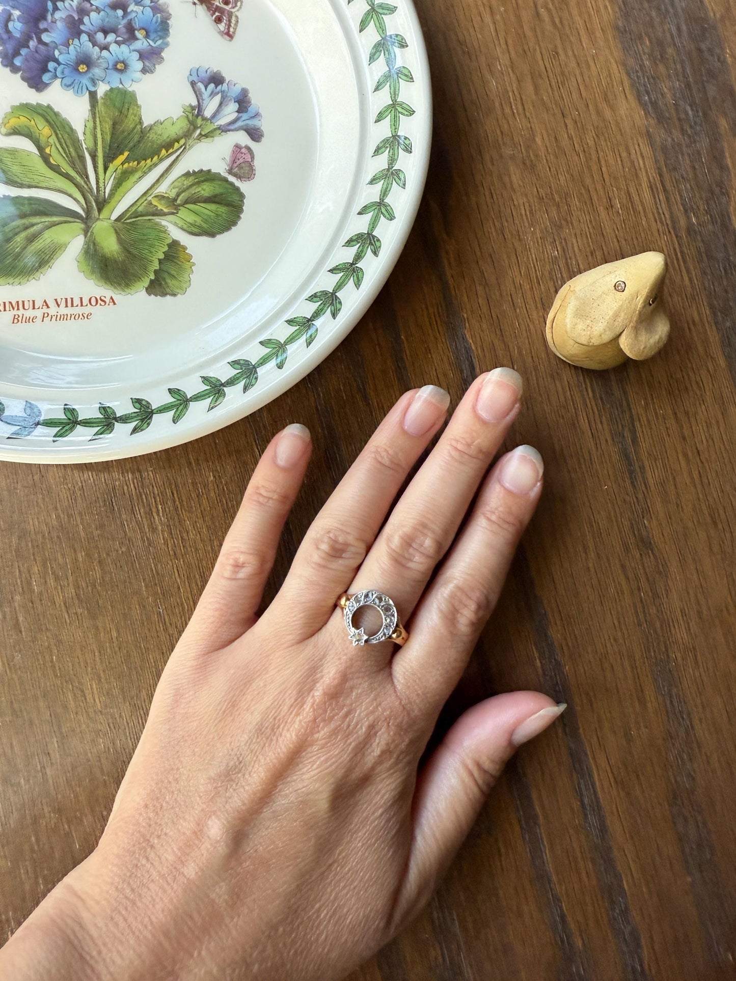 Antique Crescent MOON and STAR Rose Cut DIAMOND Ring Victorian 18k Gold Ball Rivet Bead Filigree Figural Stacker Unique Celestial Gift