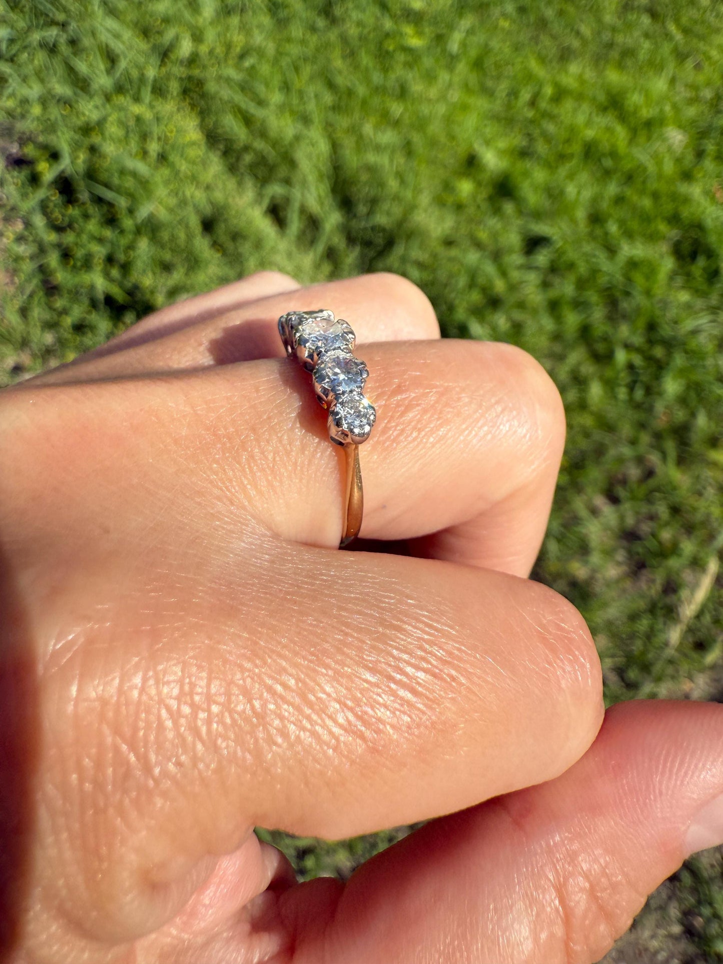 FIVE STONE Antique 1.3 Carat Transitional & Old Mine Cut DIAMOND Ring Stackable Band 18k Gold Platinum Art Deco Tall Spayed Prong Set 1 1/3