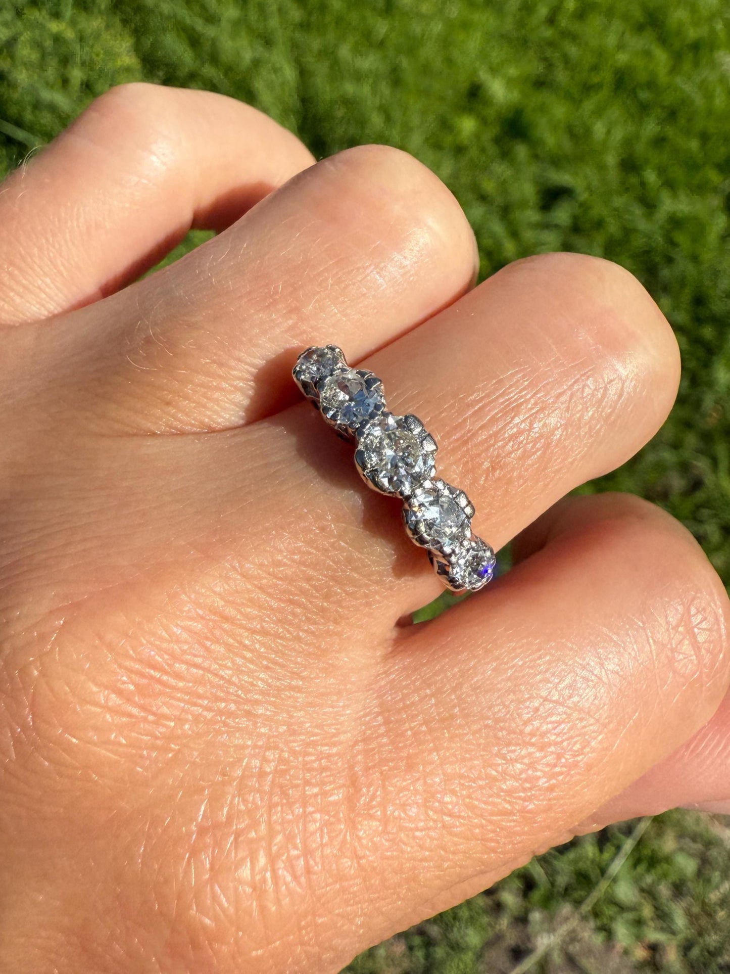 FIVE STONE Antique 1.3 Carat Transitional & Old Mine Cut DIAMOND Ring Stackable Band 18k Gold Platinum Art Deco Tall Spayed Prong Set 1 1/3
