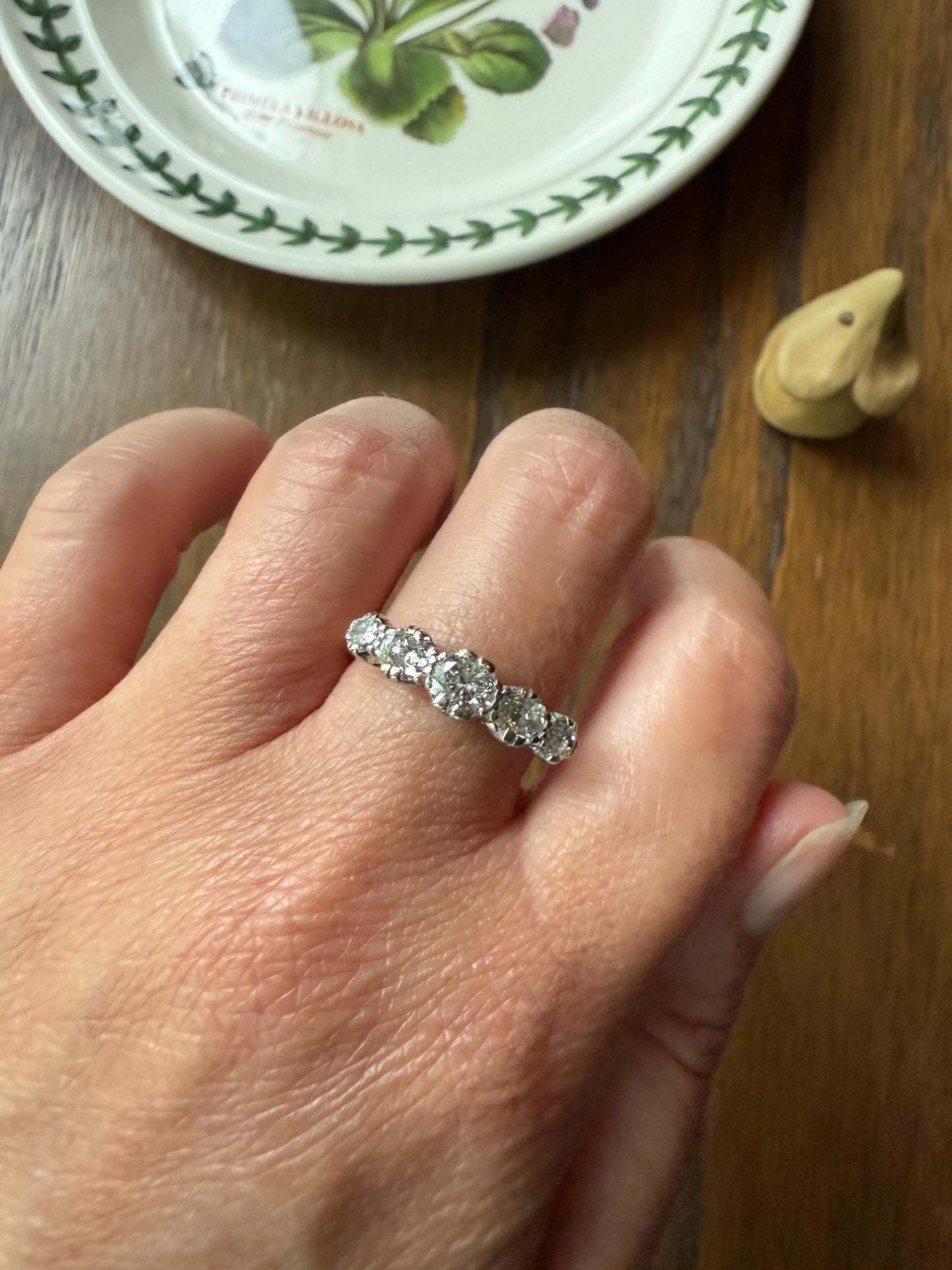FIVE STONE Antique 1.3 Carat Transitional & Old Mine Cut DIAMOND Ring Stackable Band 18k Gold Platinum Art Deco Tall Spayed Prong Set 1 1/3