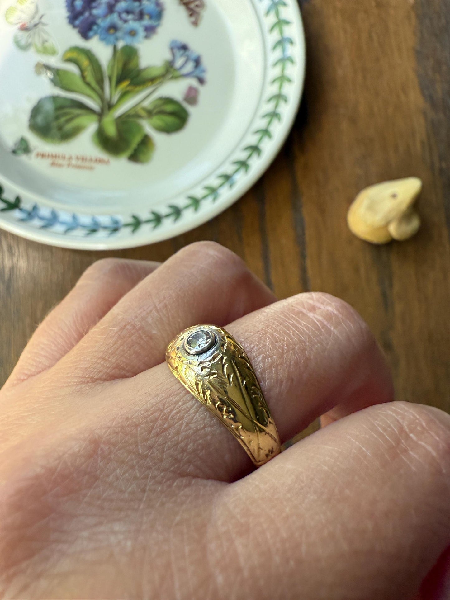 Ornate Vintage Old Brilliant Cut Diamond Engraved Domed Gypsy Ring Sturdy 6.6g 18k Gold Chunky Band Unisex Stacker Man or Woman Unique Gift