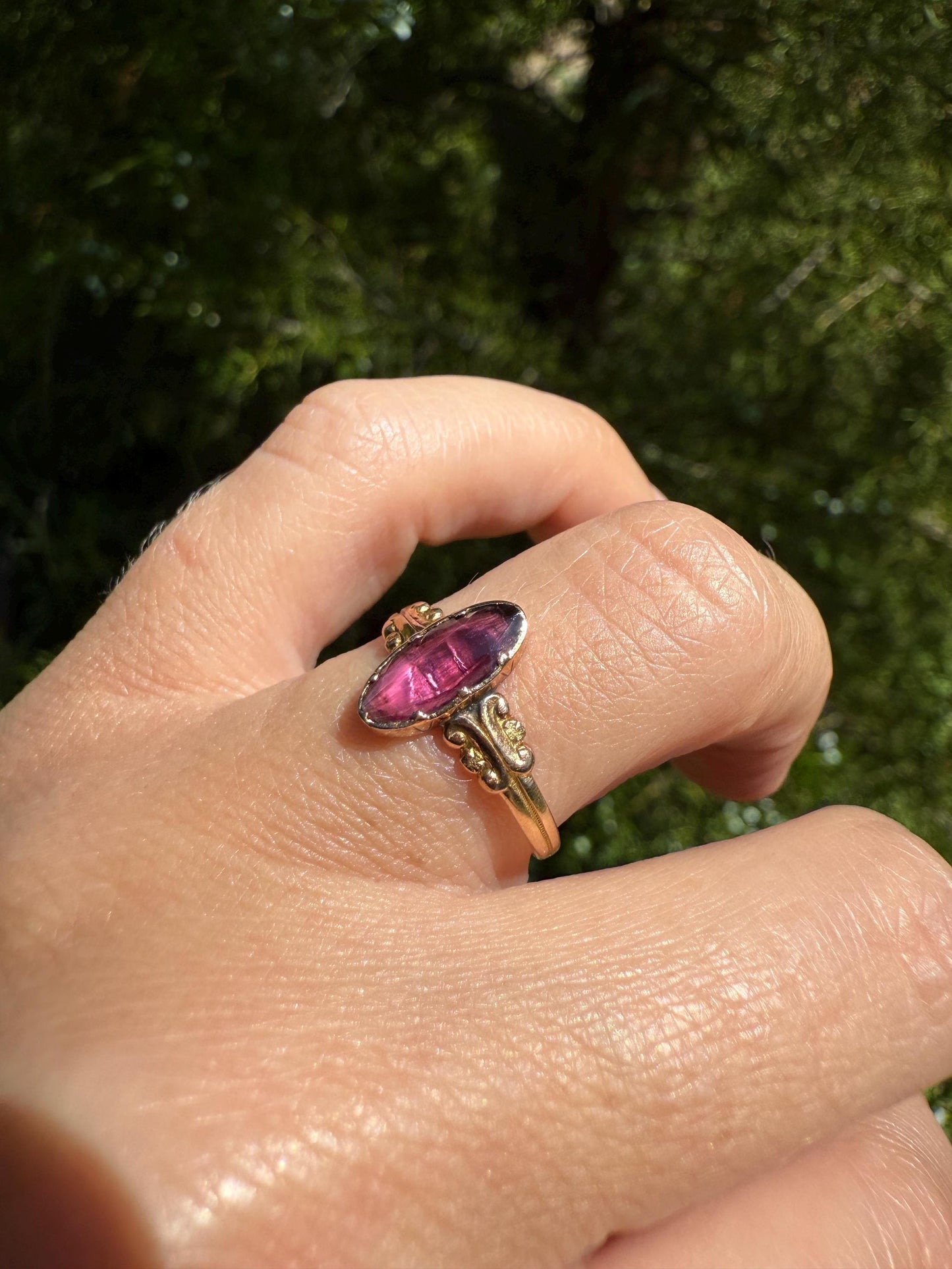 ANTIQUE French Perpignan GARNET Ring VICTORIAN 18k Gold Unique Marquise Rose Cut Bezel Set Rose Cut Closed Back Glowing Purple Pink Ornate