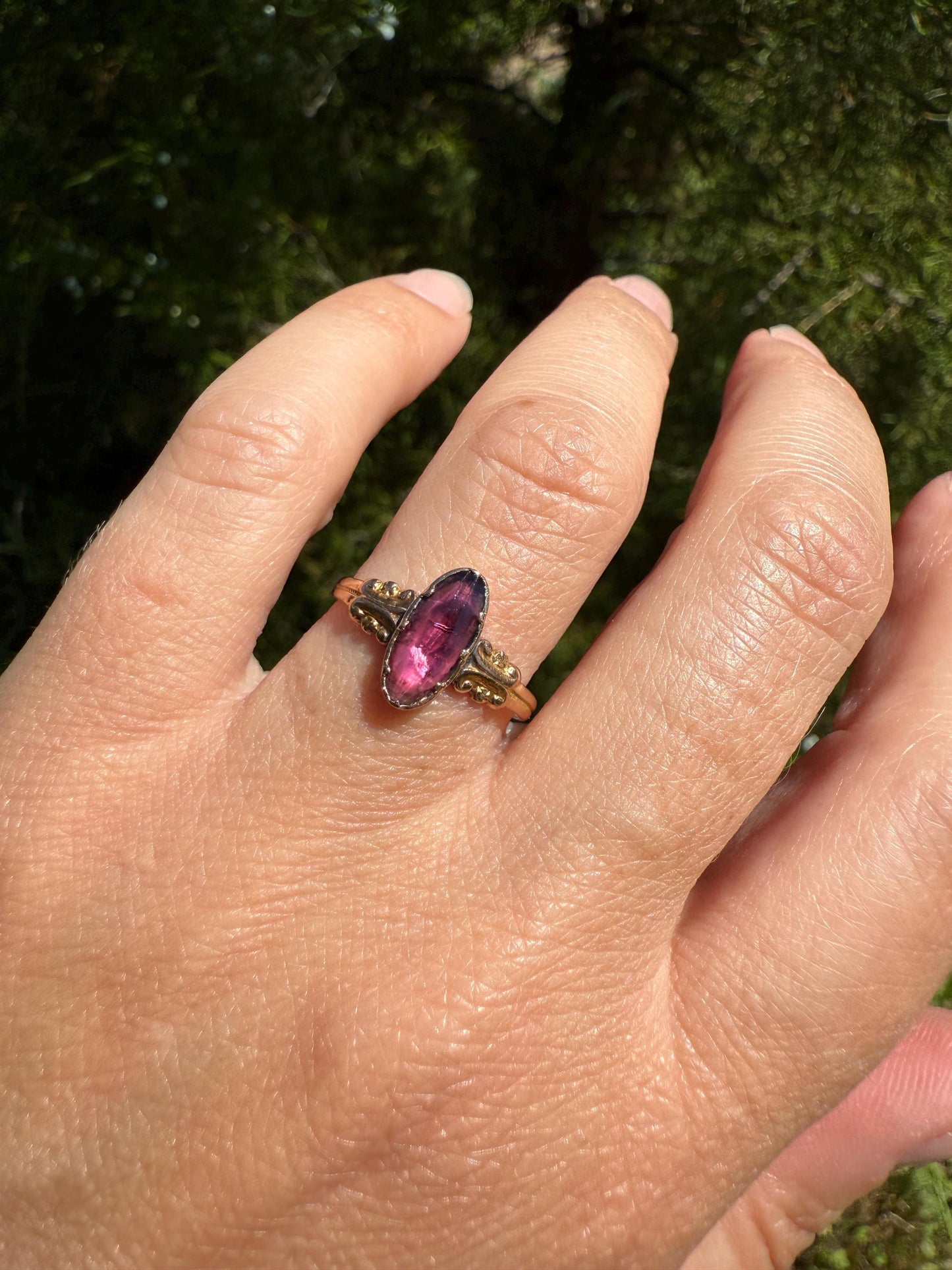 ANTIQUE French Perpignan GARNET Ring VICTORIAN 18k Gold Unique Marquise Rose Cut Bezel Set Rose Cut Closed Back Glowing Purple Pink Ornate