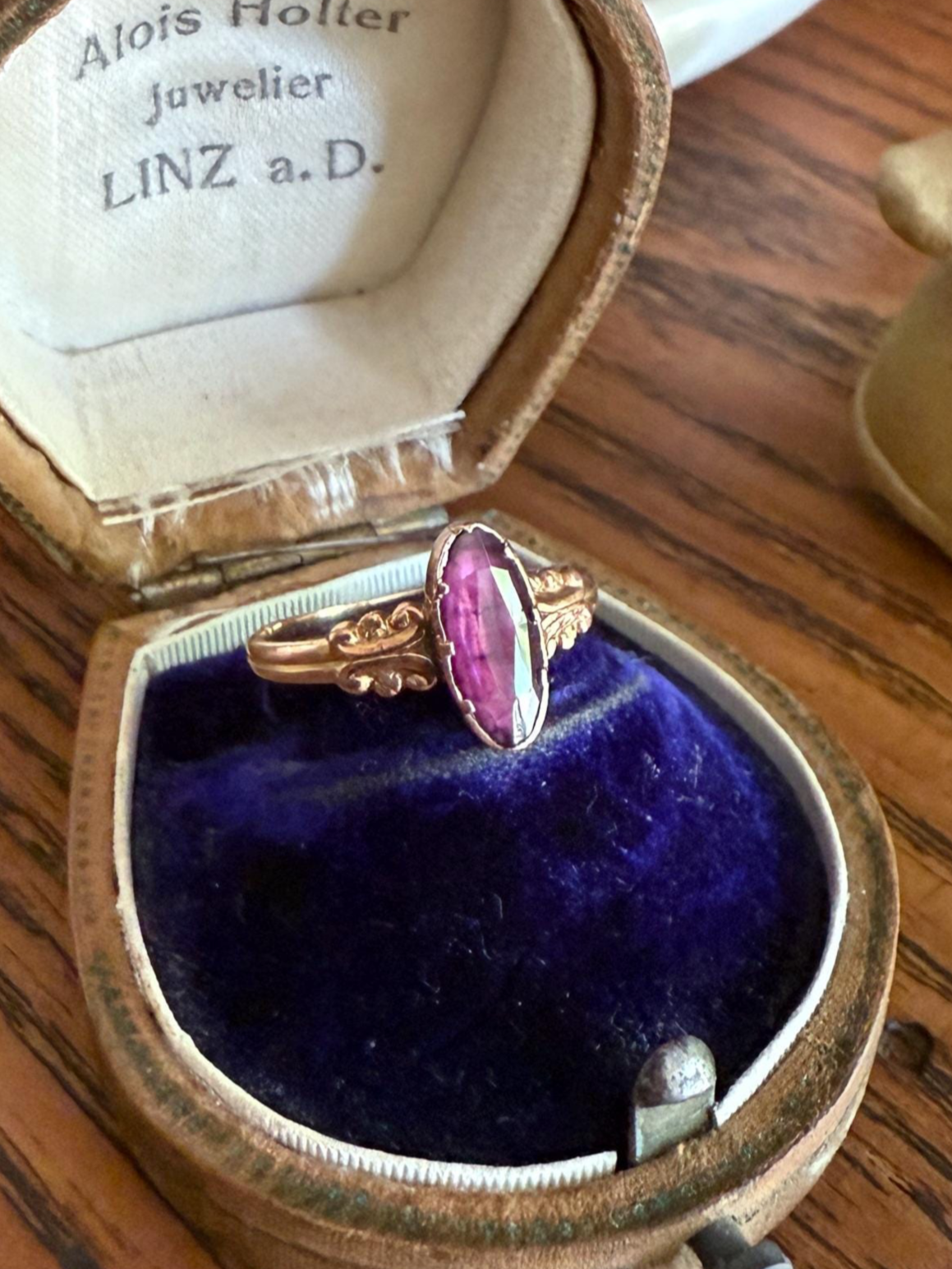 ANTIQUE French Perpignan GARNET Ring VICTORIAN 18k Gold Unique Marquise Rose Cut Bezel Set Glowing Purple Pink