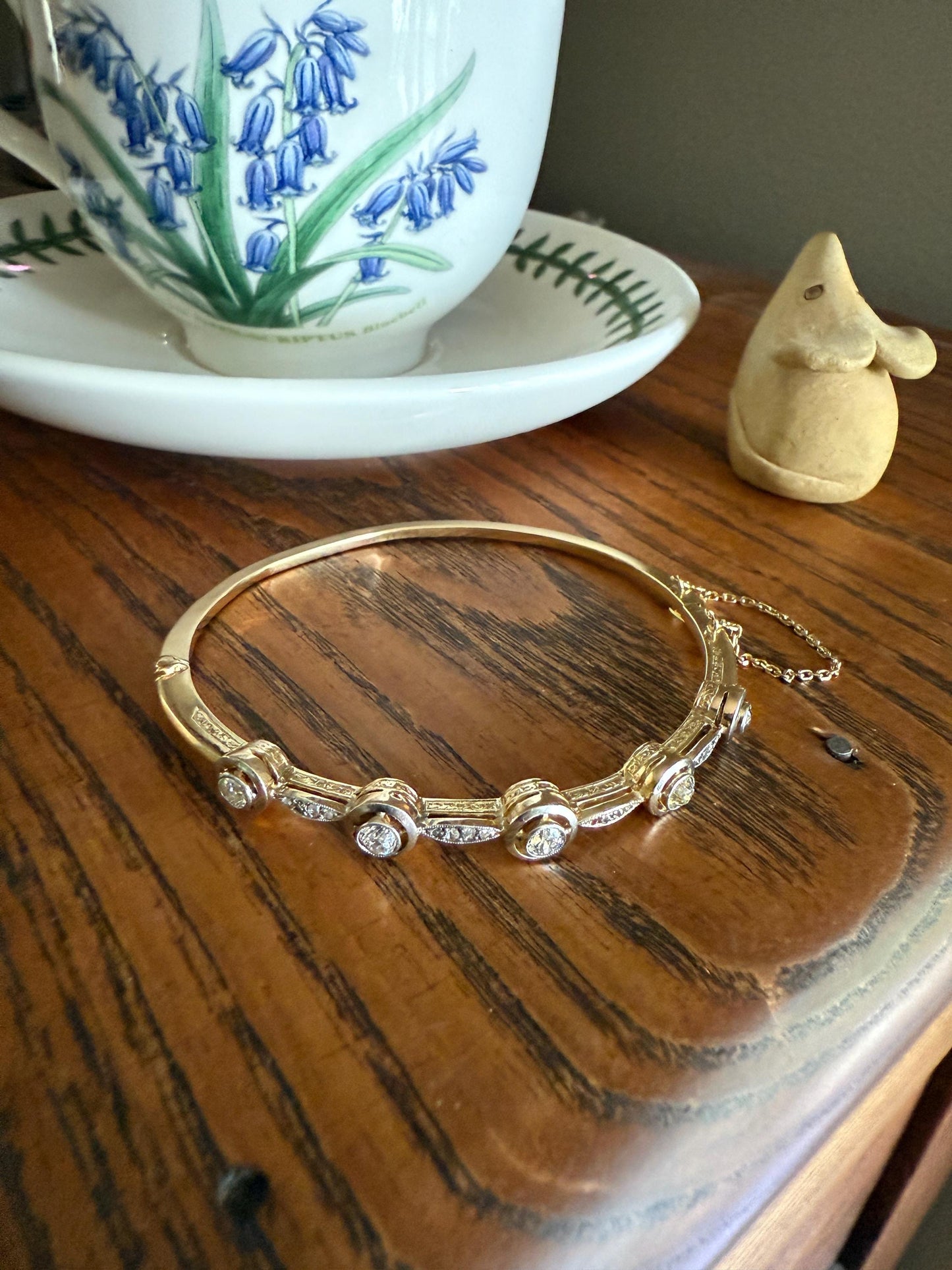 ANTIQUE 1 Carat Rose Old Mine Cut DIAMOND BANGLE Bracelet Hinged Engraved Halo Setting Yellow Champagne White Linear Unique Target Bullseye