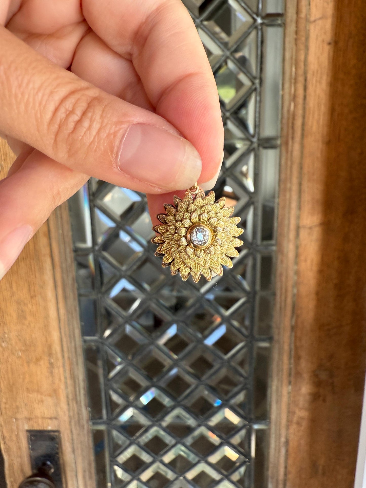 DAHLIA or Chrysanthemum Figural Floral Pendant 6.1g 14k Gold Antique Victorian Old Mine Cut Diamond Domed Engraved Petals 3D Lifelike Flower