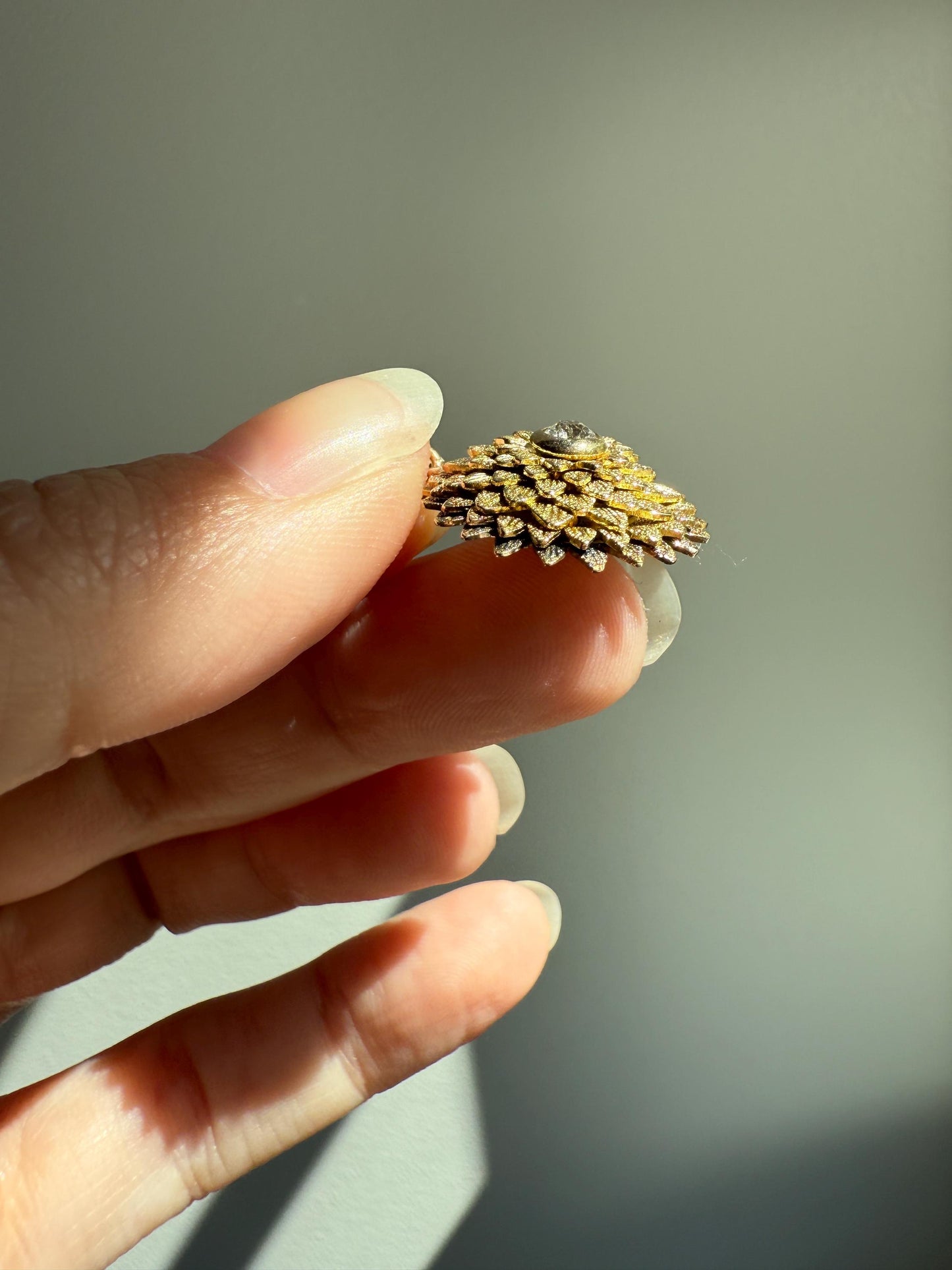 DAHLIA or Chrysanthemum Figural Floral Pendant 6.1g 14k Gold Antique Victorian Old Mine Cut Diamond Domed Engraved Petals 3D Lifelike Flower