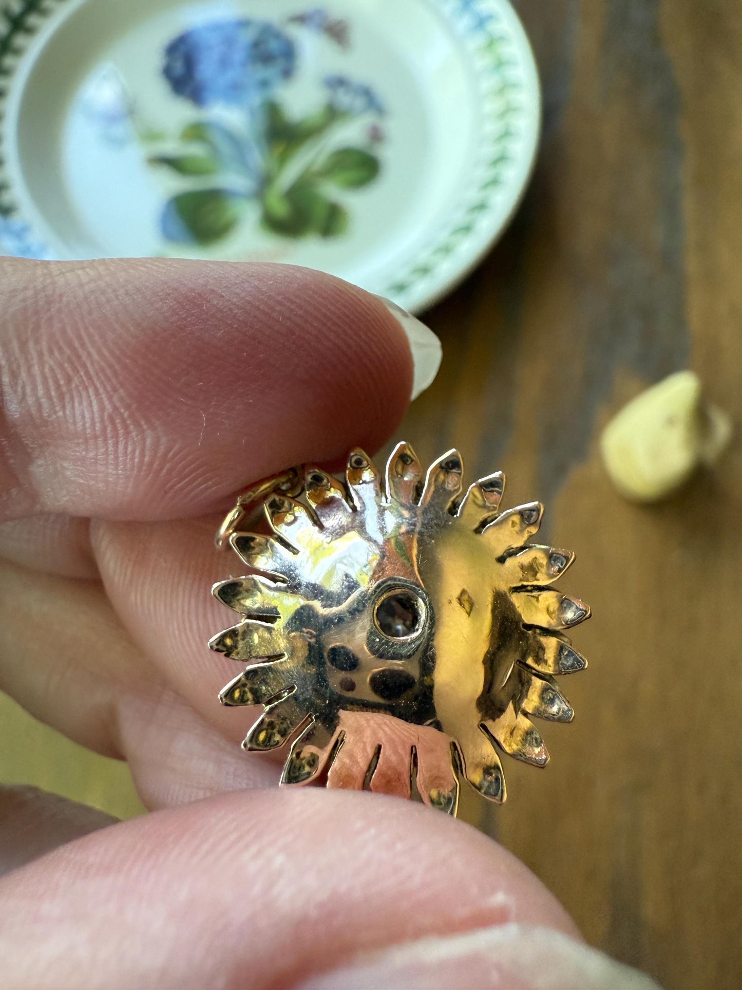 DAHLIA or Chrysanthemum Figural Floral Pendant 6.1g 14k Gold Antique Victorian Old Mine Cut Diamond Domed Engraved Petals 3D Lifelike Flower