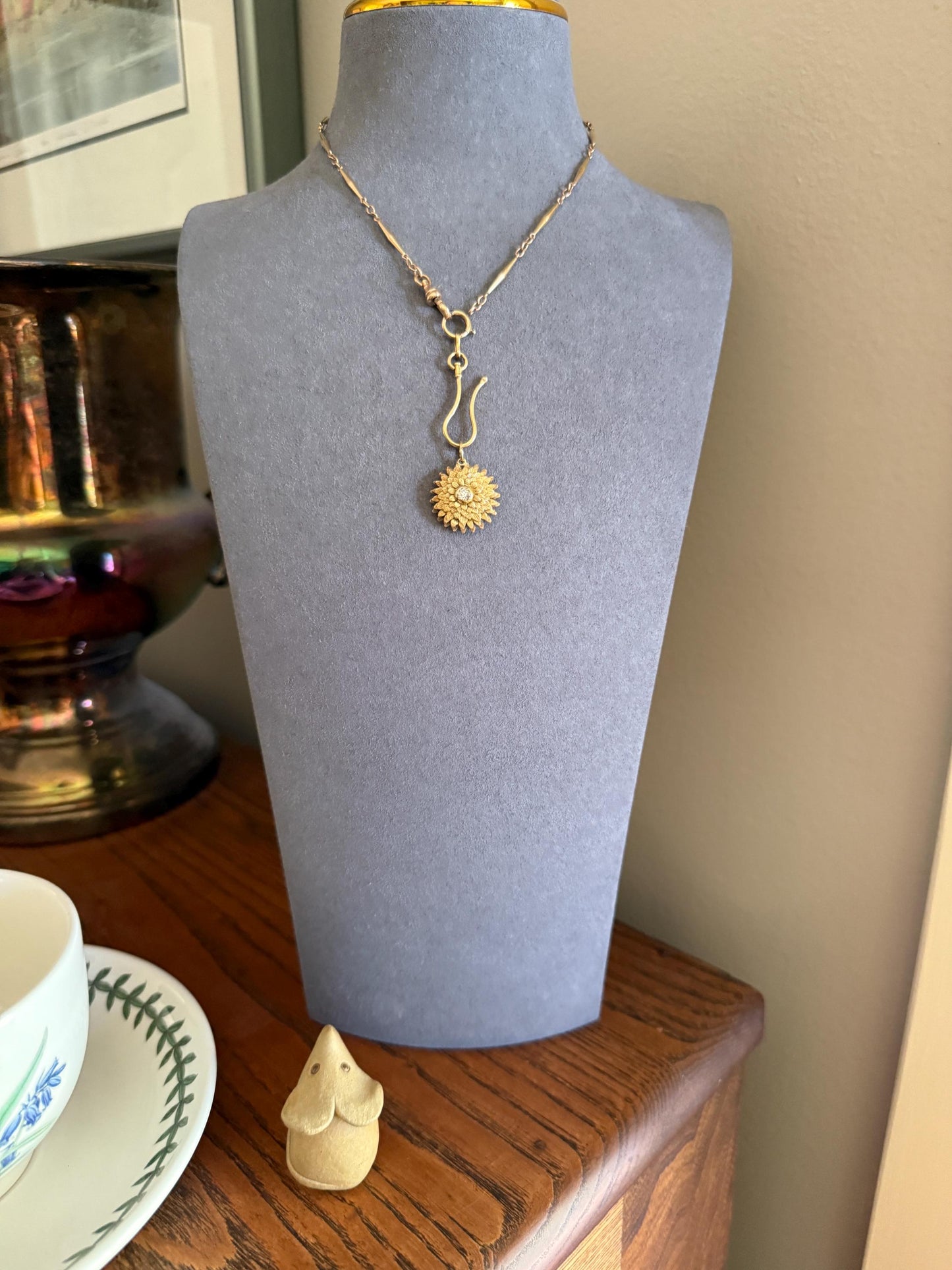 DAHLIA or Chrysanthemum Figural Floral Pendant 6.1g 14k Gold Antique Victorian Old Mine Cut Diamond Domed Engraved Petals 3D Lifelike Flower