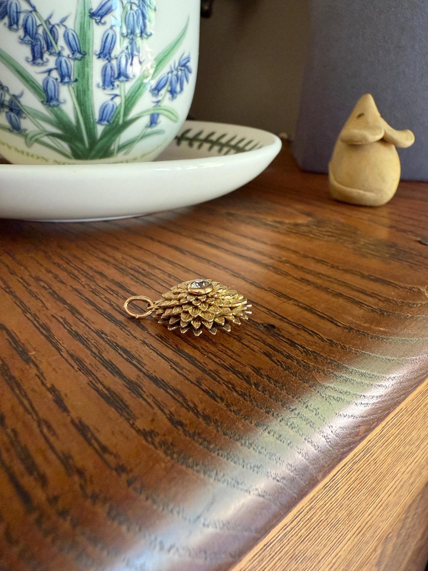 DAHLIA or Chrysanthemum Figural Floral Pendant 6.1g 14k Gold Antique Victorian Old Mine Cut Diamond Domed Engraved Petals 3D Lifelike Flower