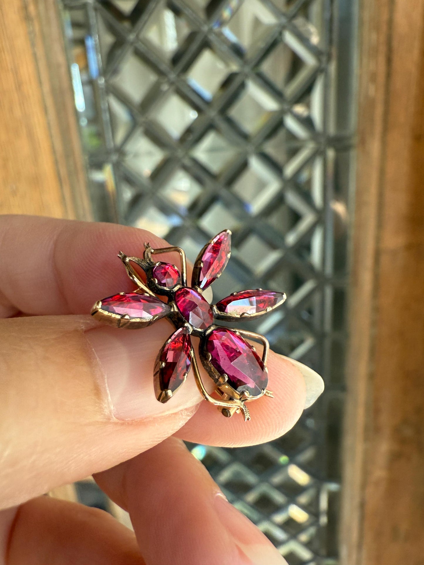 ANTIQUE Perpignan GARNET Bee or Fly Bug Large Scale 18k Brooch Pin for Pendant Conversion. Victorian French Belle Epoque Pink Red Glow