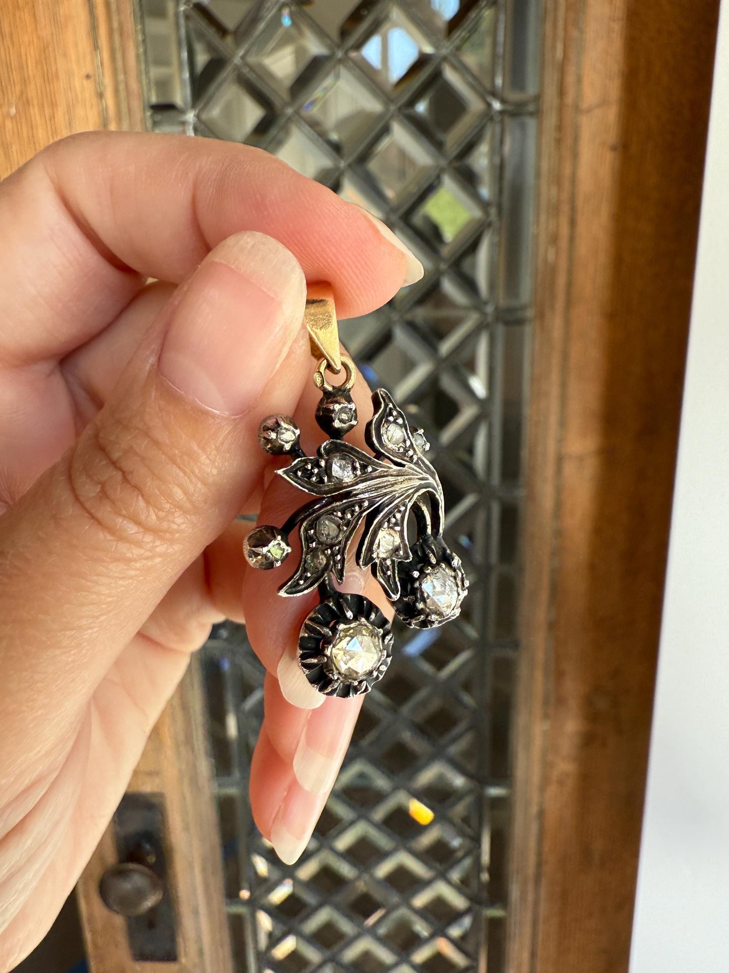 Floral Swirl Georgian Era Antique Rose Cut DIAMOND 18k Gold Silver French Large Pendant Leaf Figural Giardinetti