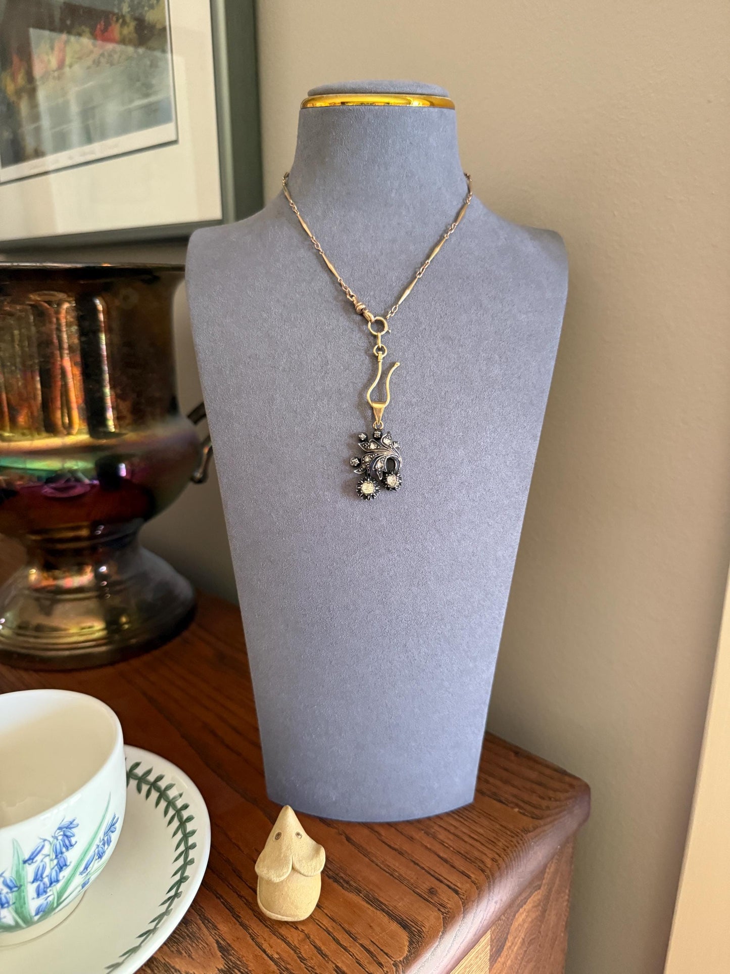 Floral Swirl Georgian Era Antique Rose Cut DIAMOND 18k Gold Silver French Large Pendant Leaf Figural Giardinetti