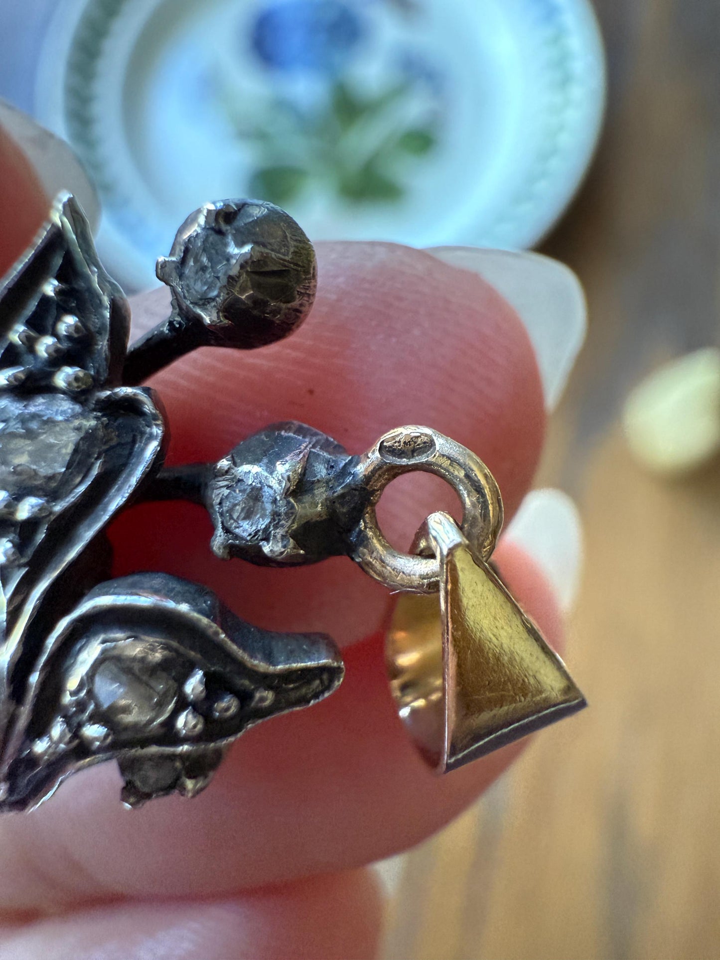 Floral Swirl Georgian Era Antique Rose Cut DIAMOND 18k Gold Silver French Large Pendant Leaf Figural Giardinetti