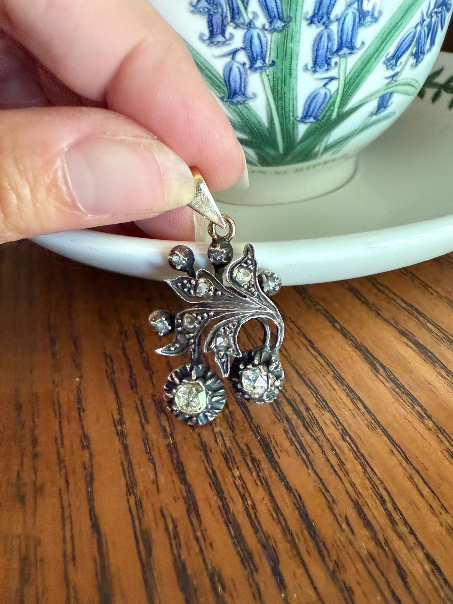 Floral Swirl Georgian Era Antique Rose Cut DIAMOND 18k Gold Silver French Large Pendant Leaf Figural Giardinetti