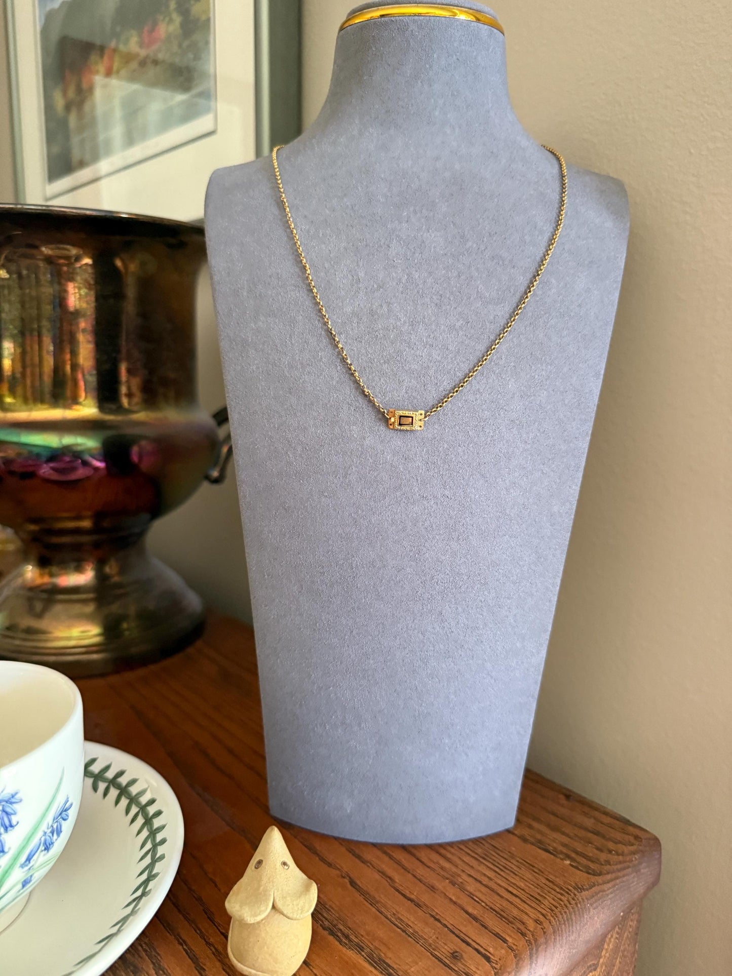 French Traditional Antique Cable Rolo Chain Rectangular Clasp Enamel 18k GOLD VICTORIAN Regional Necklace Pendant Holder Solid Belcher