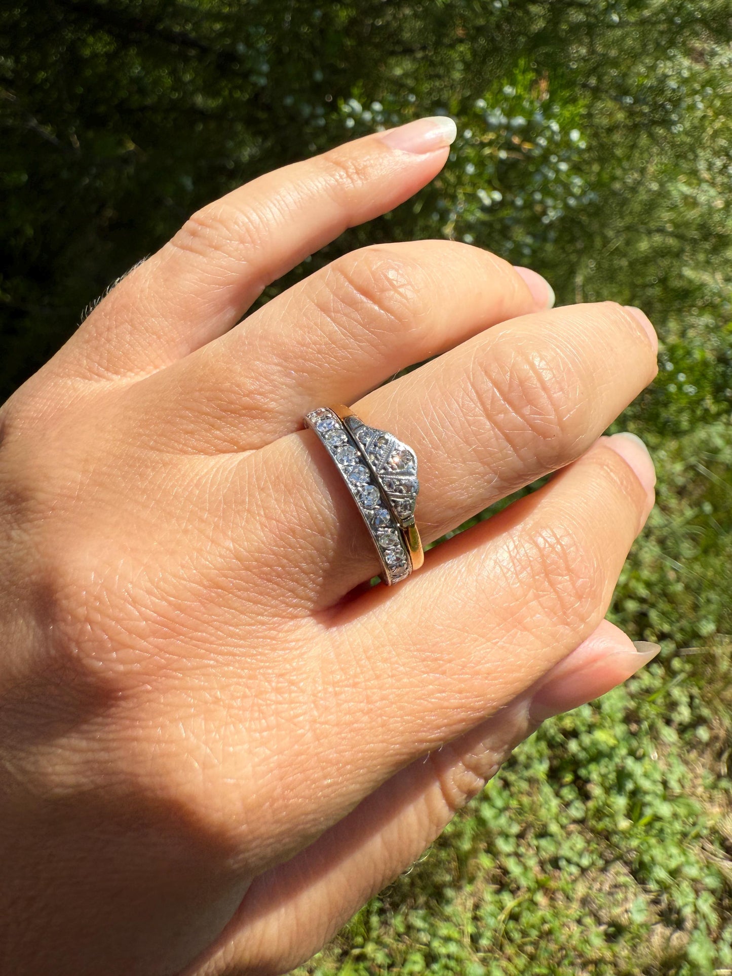 Crowned TIARA Antique Art Deco Skinny Wedding Band 18k Gold Platinum Solid Stacker Ring Geometric Rose Single Cut Diamonds Dainty Engagement