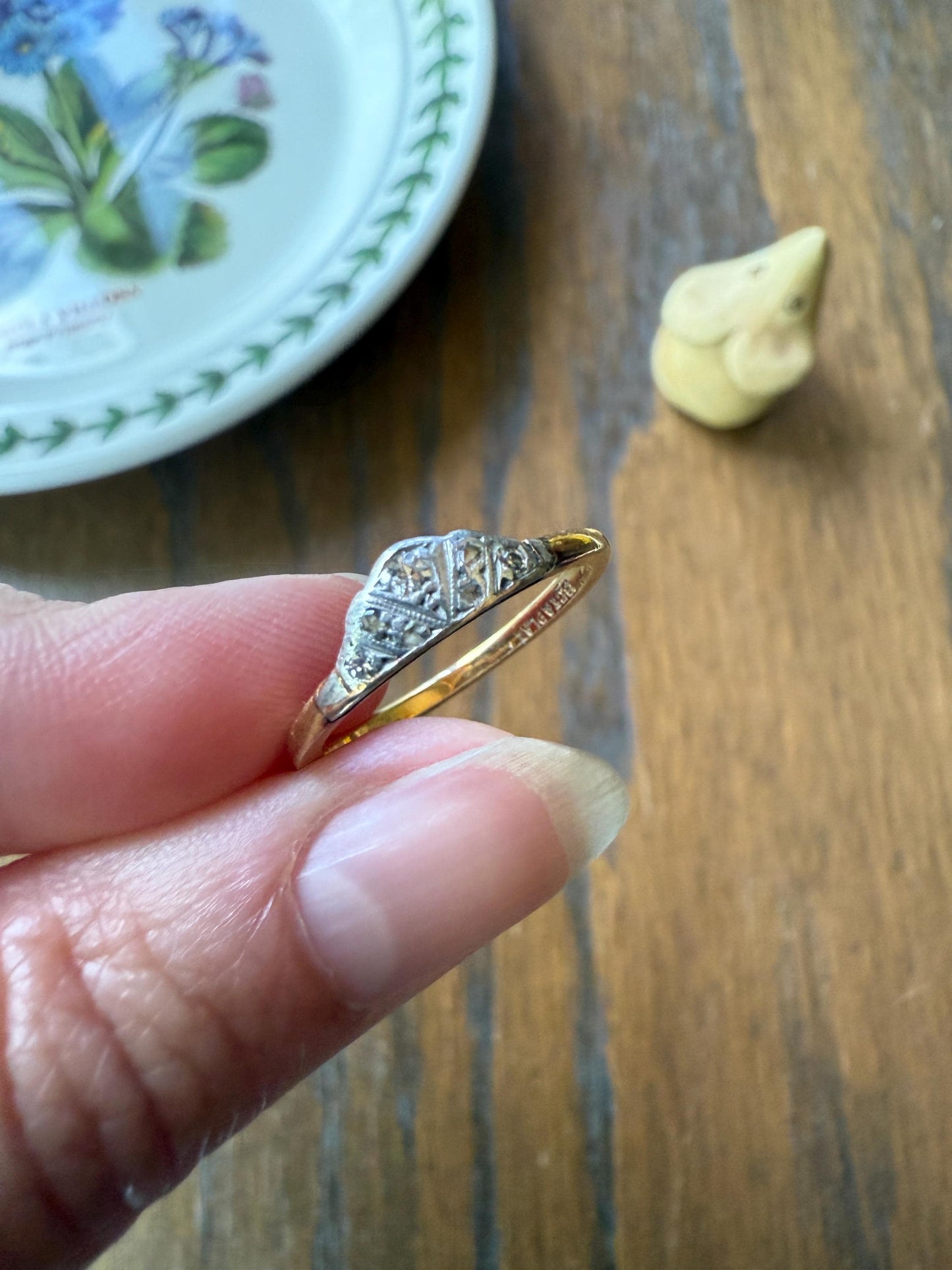 Crowned TIARA Antique Art Deco Skinny Wedding Band 18k Gold Platinum Solid Stacker Ring Geometric Rose Single Cut Diamonds Dainty Engagement