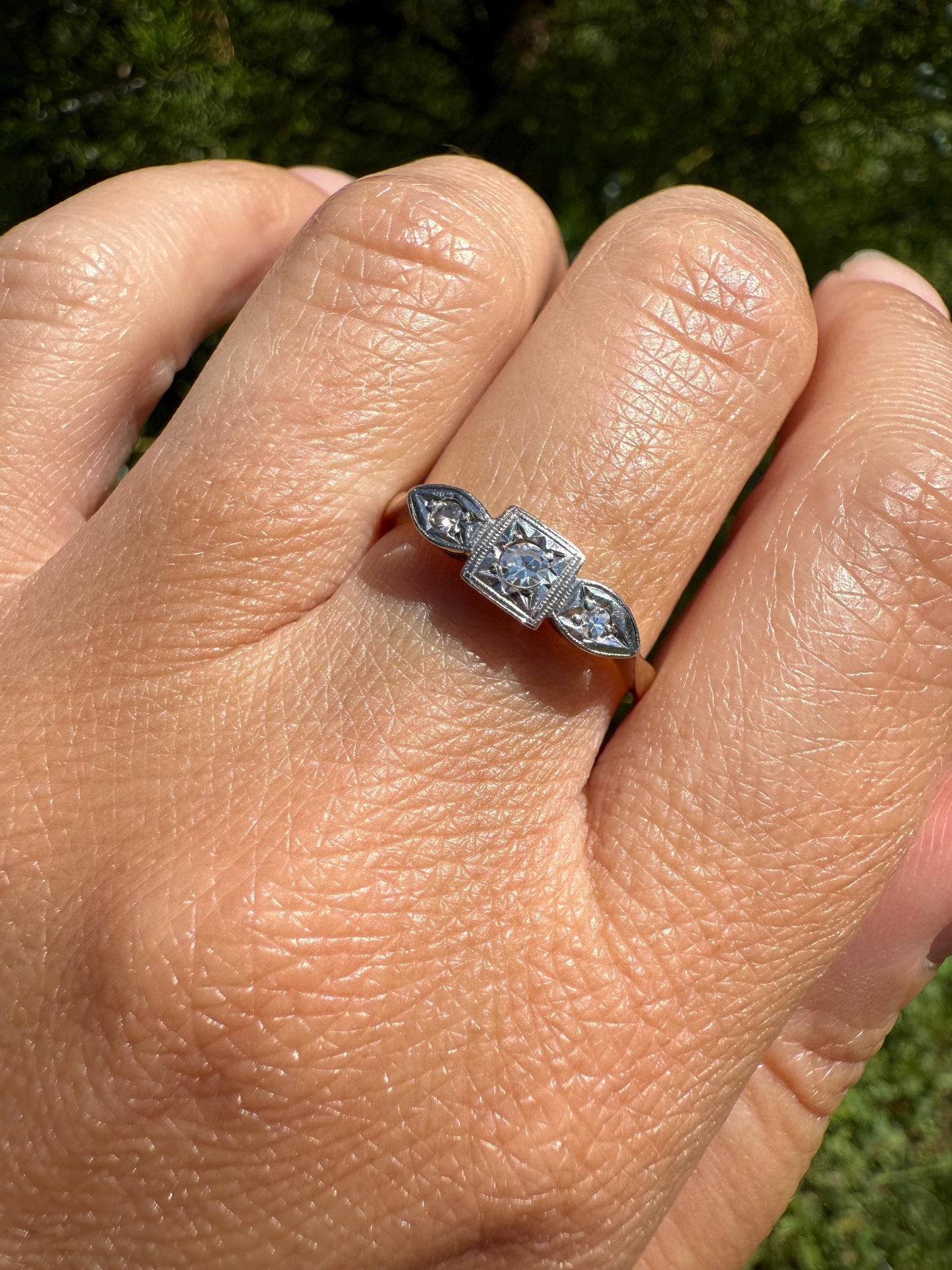 Three Stone Diamond Starburst Bezel Antique Art Deco Skinny Wedding Band 9k Gold Platinum Solid Stacker Ring Single Cut Dainty Engagement