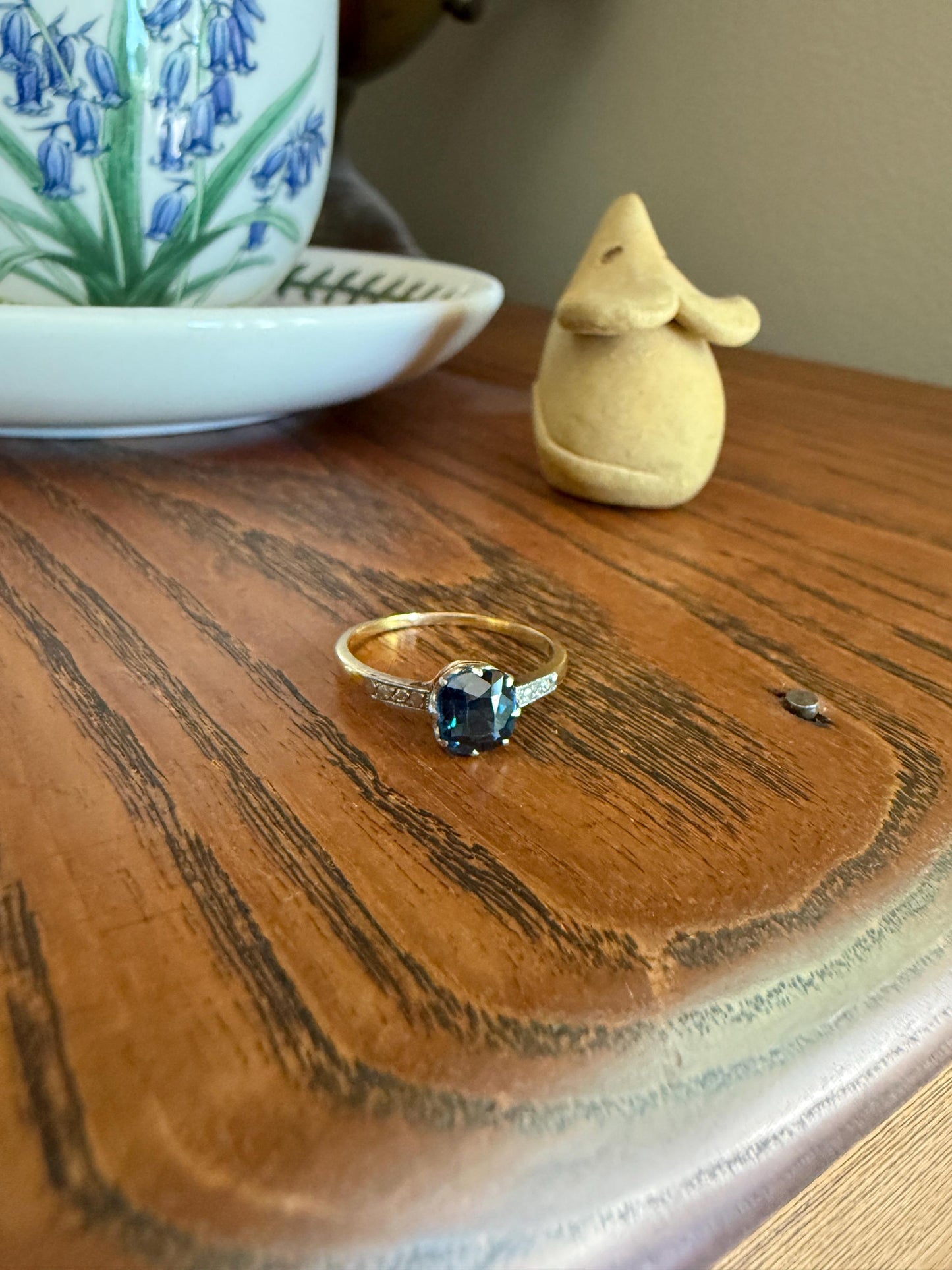 French Antique Old Cut Blue Green SAPPHIRE Rose Cut DIAMOND Natural Antique Solitaire w/ Accents Alt Engagement Ring Stacker Belle Epoque