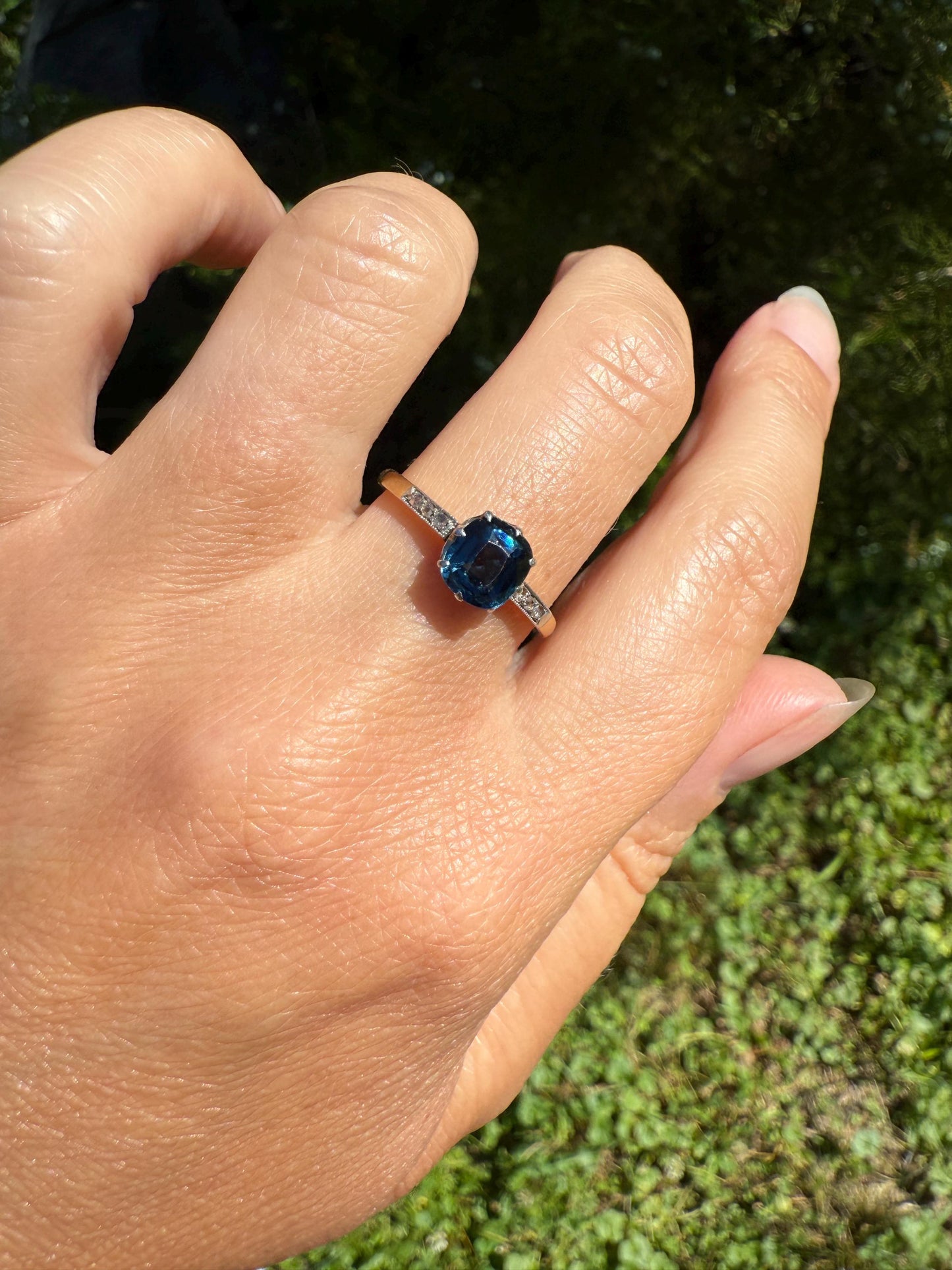 French Antique Old Cut Blue Green SAPPHIRE Rose Cut DIAMOND Natural Antique Solitaire w/ Accents Alt Engagement Ring Stacker Belle Epoque