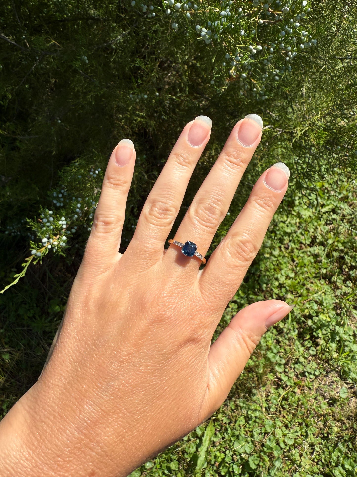 French Antique Old Cut Blue Green SAPPHIRE Rose Cut DIAMOND Natural Antique Solitaire w/ Accents Alt Engagement Ring Stacker Belle Epoque