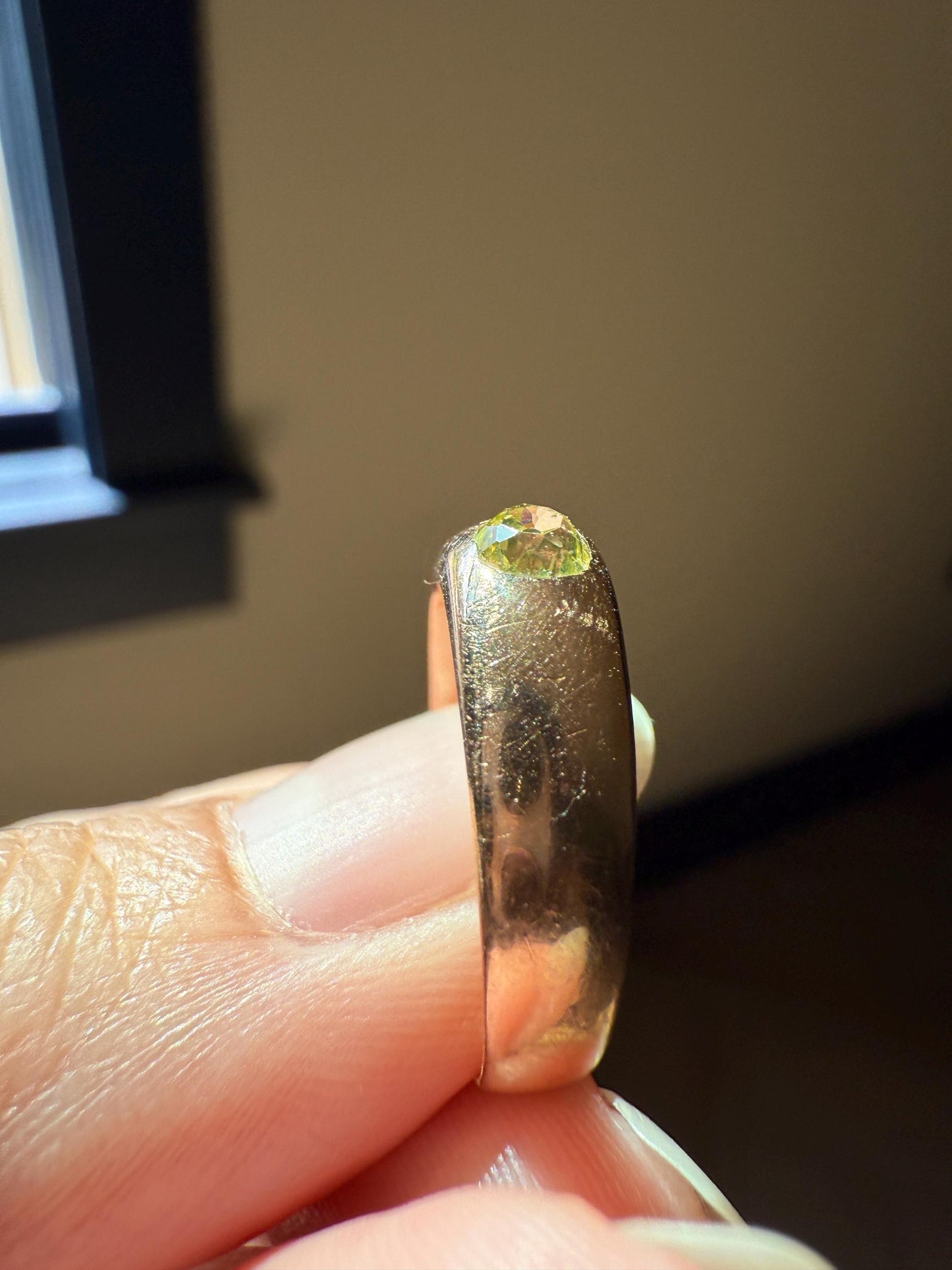 Antique Eye Clean .3 Carat Fancy Light Greenish YELLOW Old Mine Cut DIAMOND Gypsy Ring 18k Rosy Gold Chunky Band Gift Stacker Unisex OMC