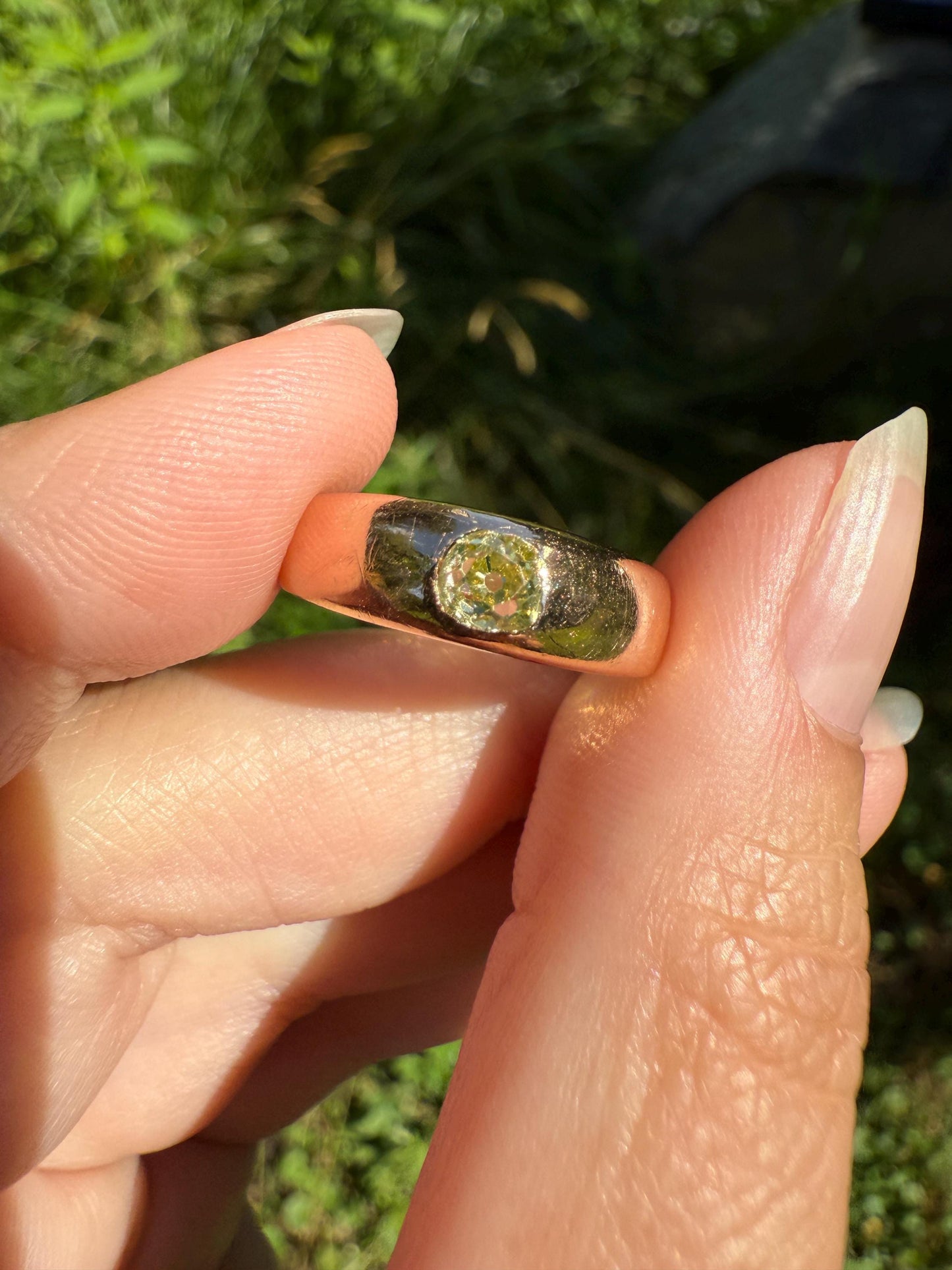 Antique Eye Clean .3 Carat Fancy Light Greenish YELLOW Old Mine Cut DIAMOND Gypsy Ring 18k Rosy Gold Chunky Band Gift Stacker Unisex OMC
