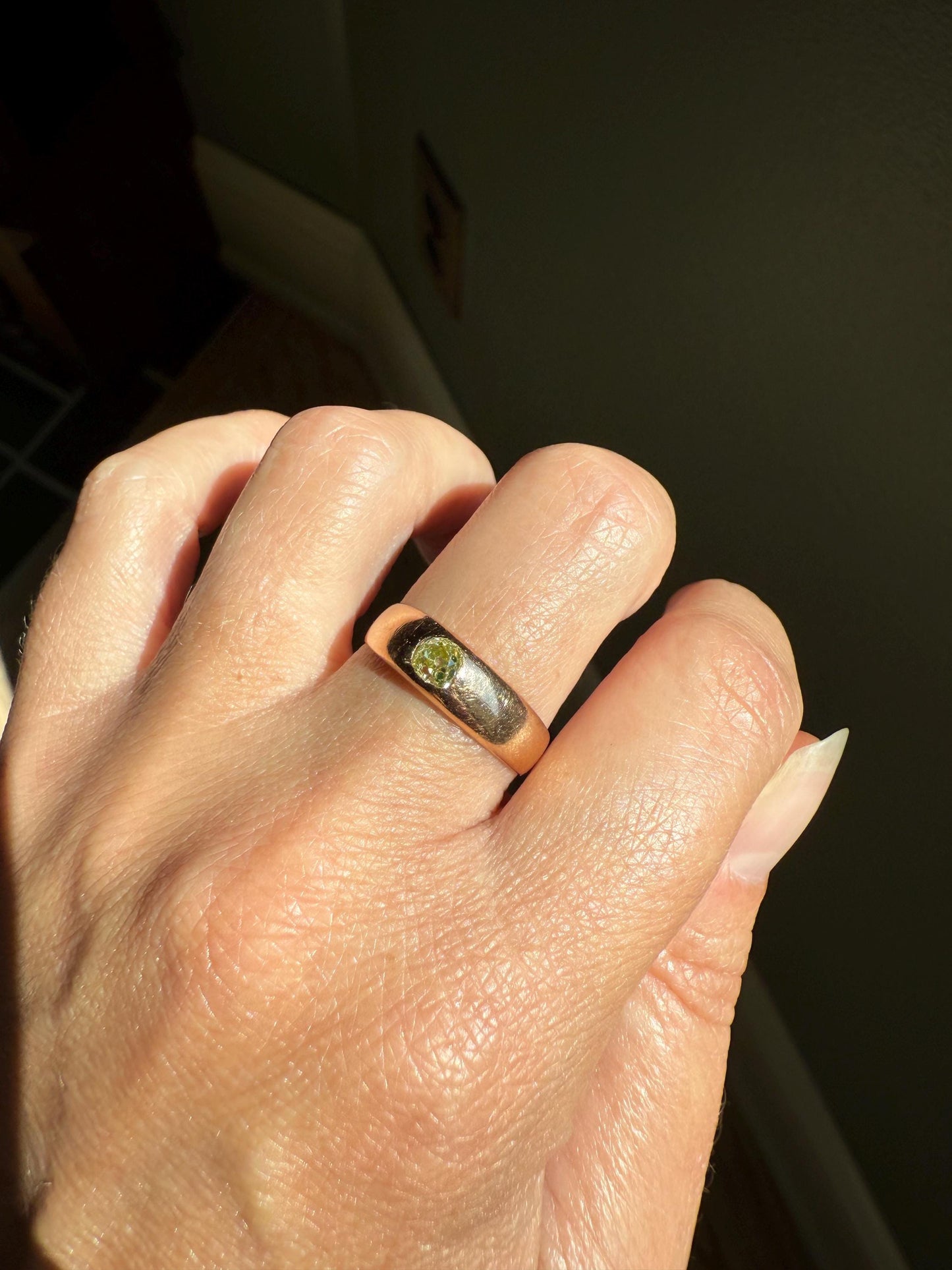 Antique Eye Clean .3 Carat Fancy Light Greenish YELLOW Old Mine Cut DIAMOND Gypsy Ring 18k Rosy Gold Chunky Band Gift Stacker Unisex OMC