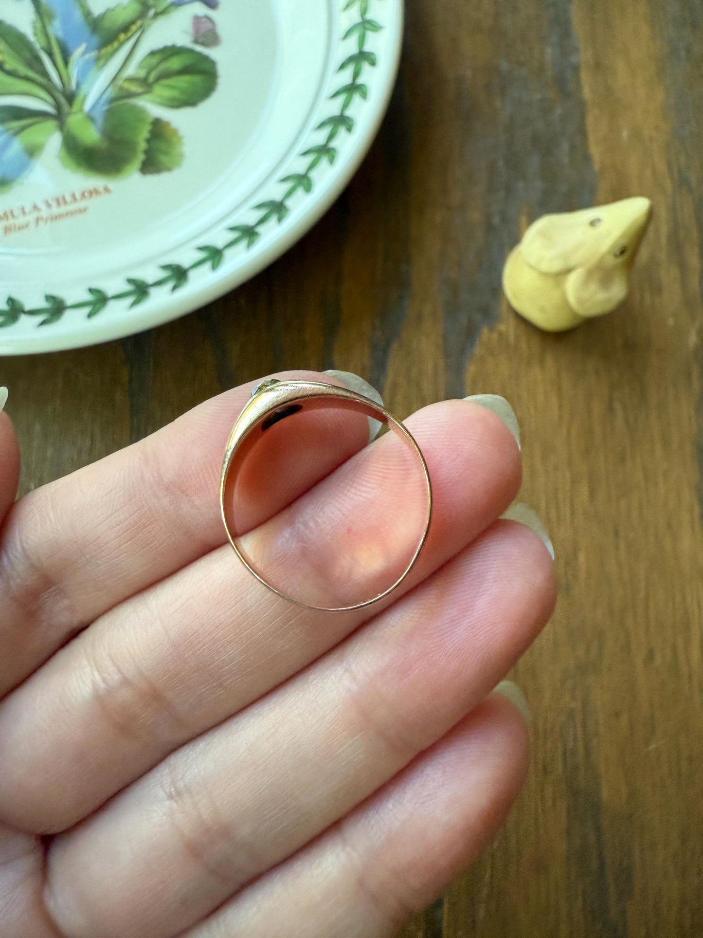 Antique Eye Clean .3 Carat Fancy Light Greenish YELLOW Old Mine Cut DIAMOND Gypsy Ring 18k Rosy Gold Chunky Band Gift Stacker Unisex OMC