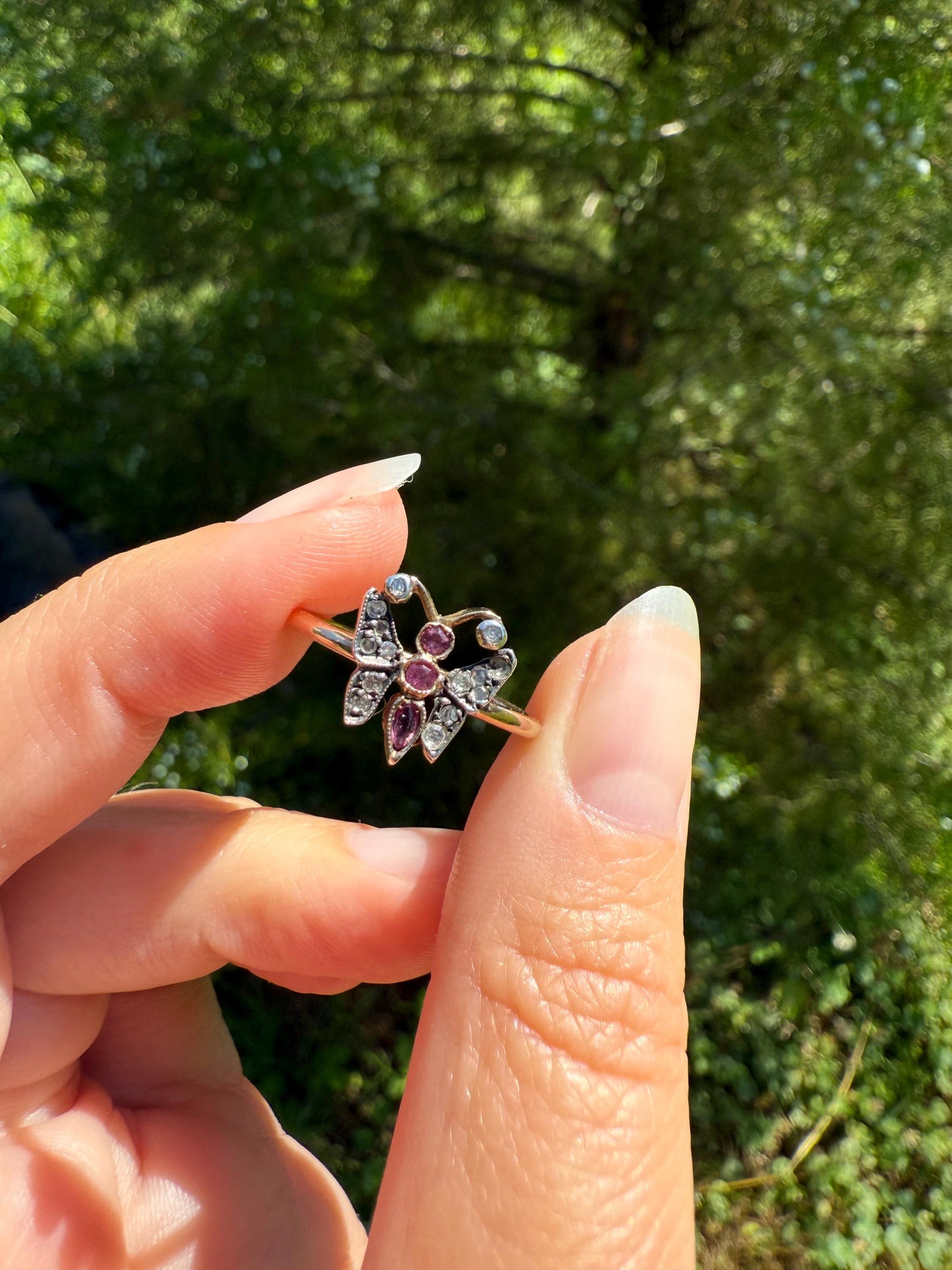 BUTTERFLY Antique Figural Ring Dainty Stacker Rose Cut DIAMOND Three RUBY 12k Gold 14k & Silver Whimsical Stacker Unique Gift