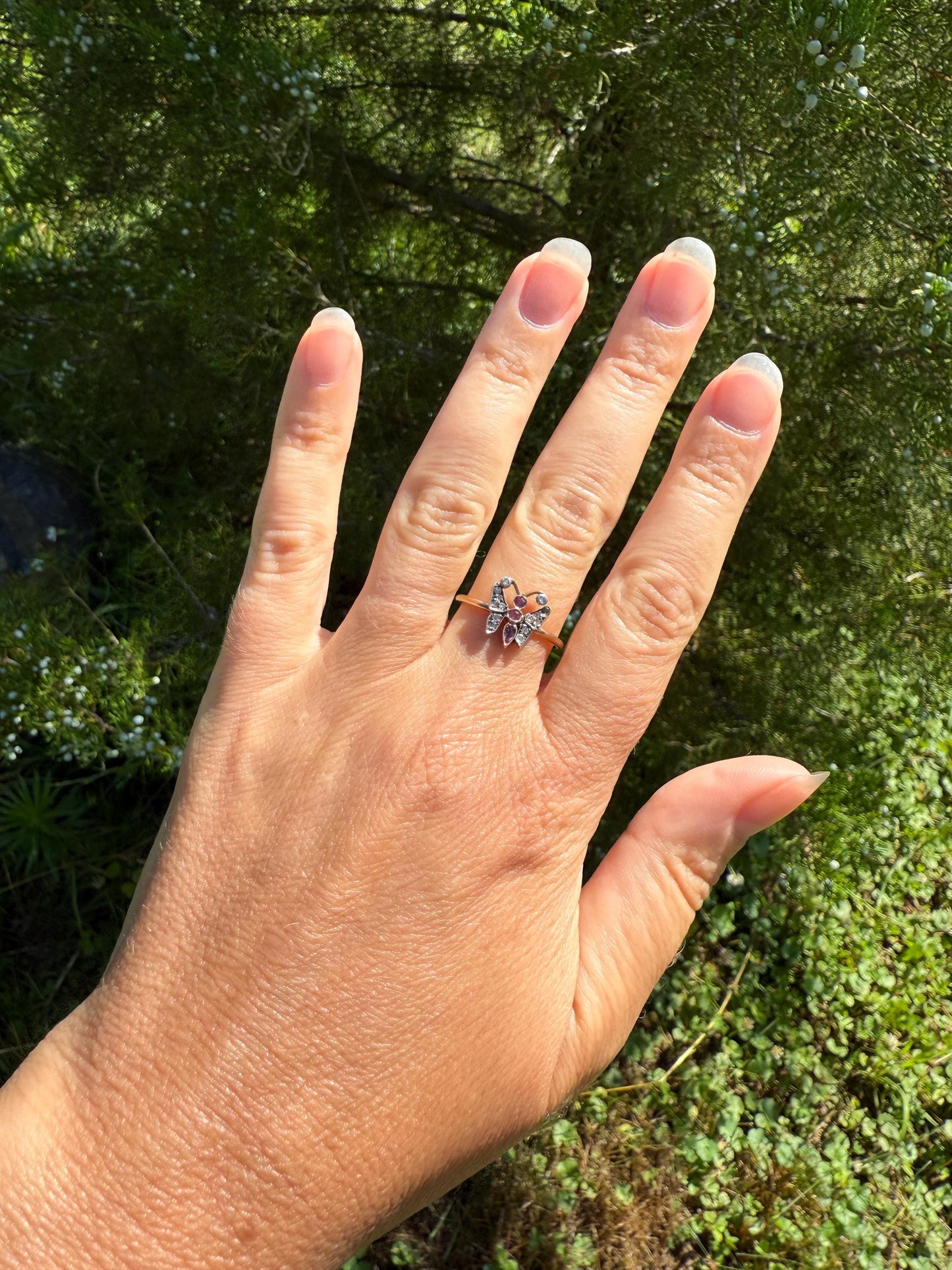 BUTTERFLY Antique Figural Ring Dainty Stacker Rose Cut DIAMOND Three RUBY 12k Gold 14k & Silver Whimsical Stacker Unique Gift