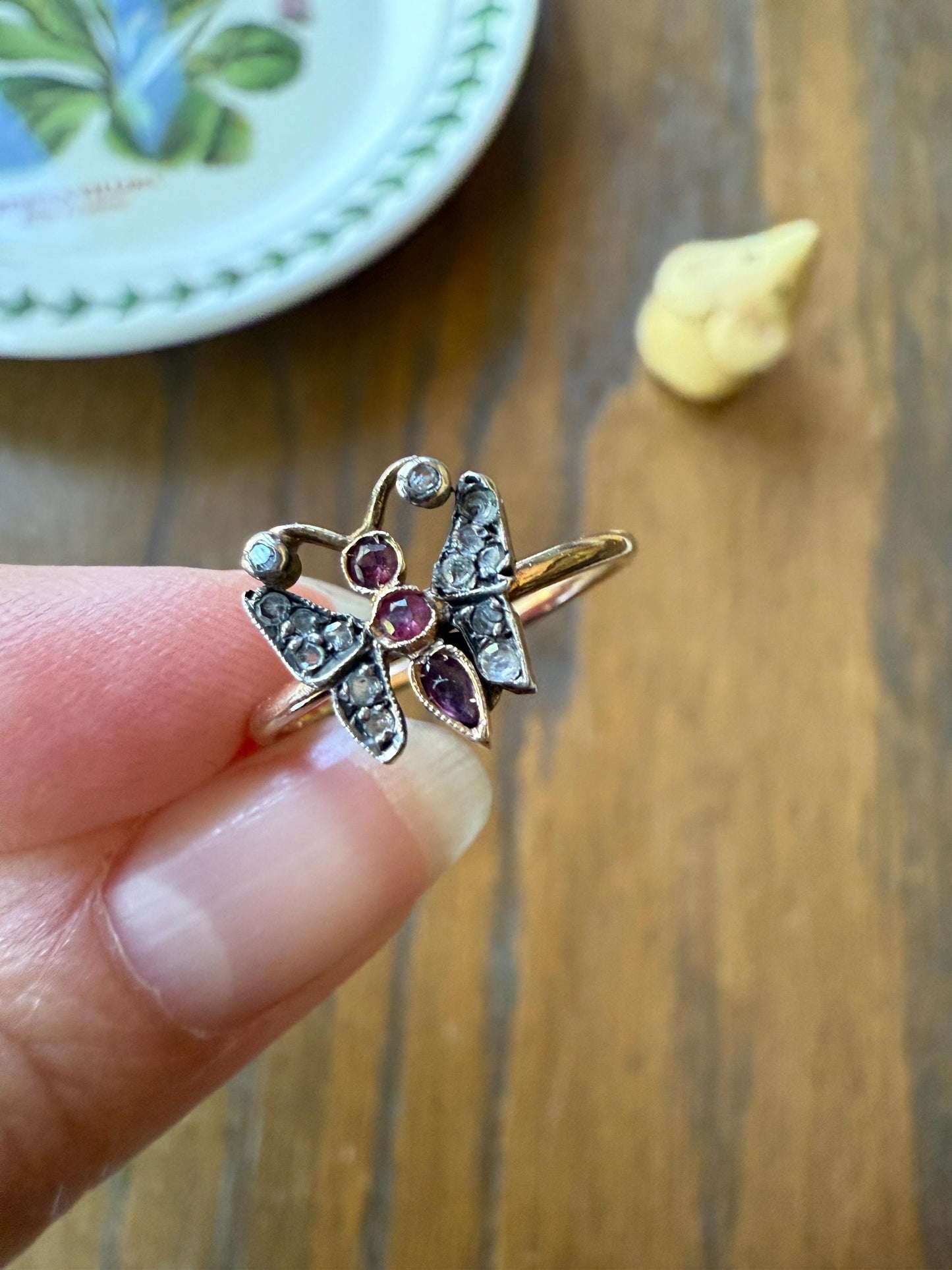 BUTTERFLY Antique Figural Ring Dainty Stacker Rose Cut DIAMOND Three RUBY 12k Gold 14k & Silver Whimsical Stacker Unique Gift