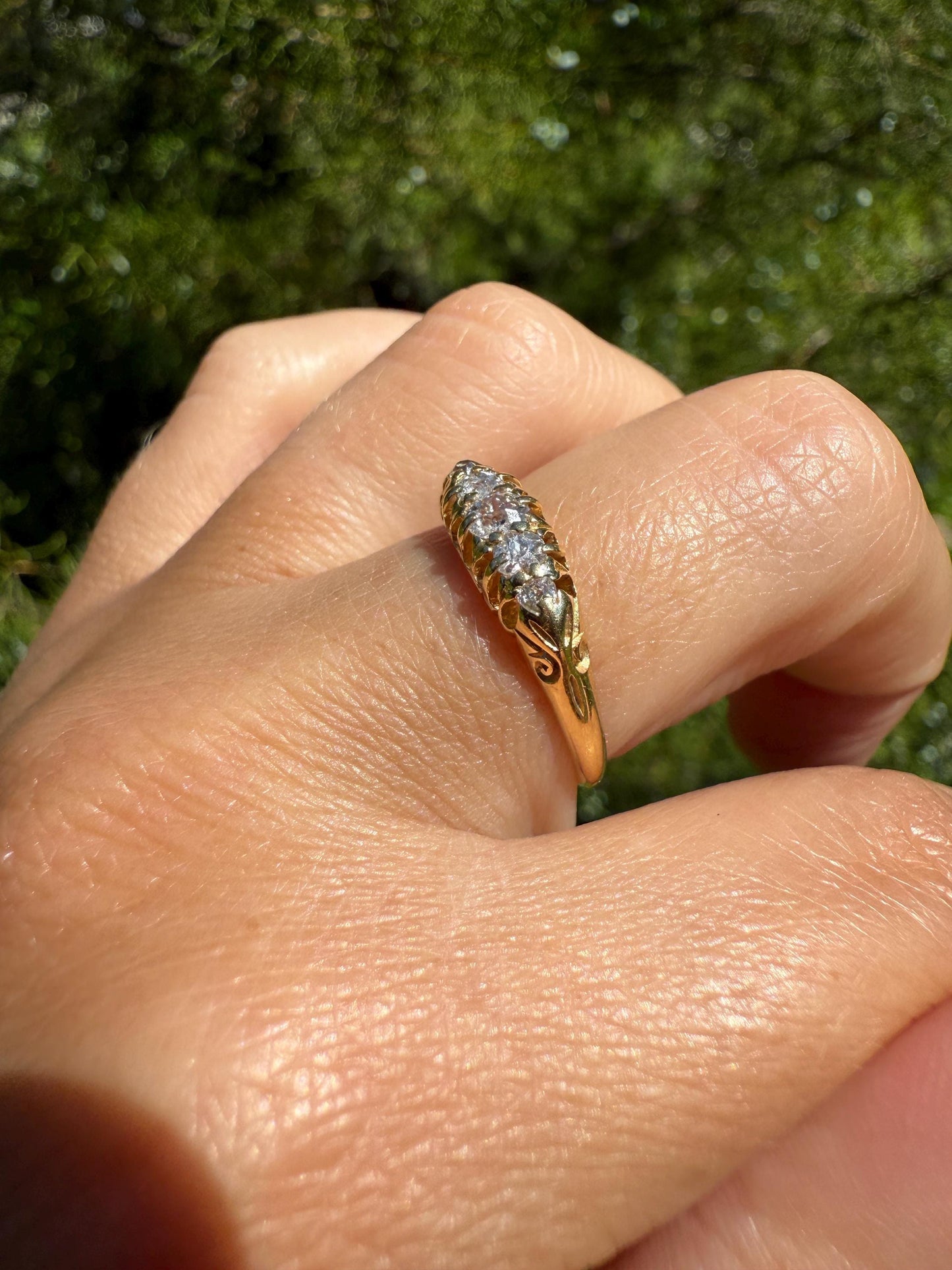 DATED April 17, 1904 Antique 2/3 Carat .65 Ctw Five Stone Old Mine Cut Diamond 18k Gold Band Romantic Gift Wedding Row Stacker Ringstack OMC