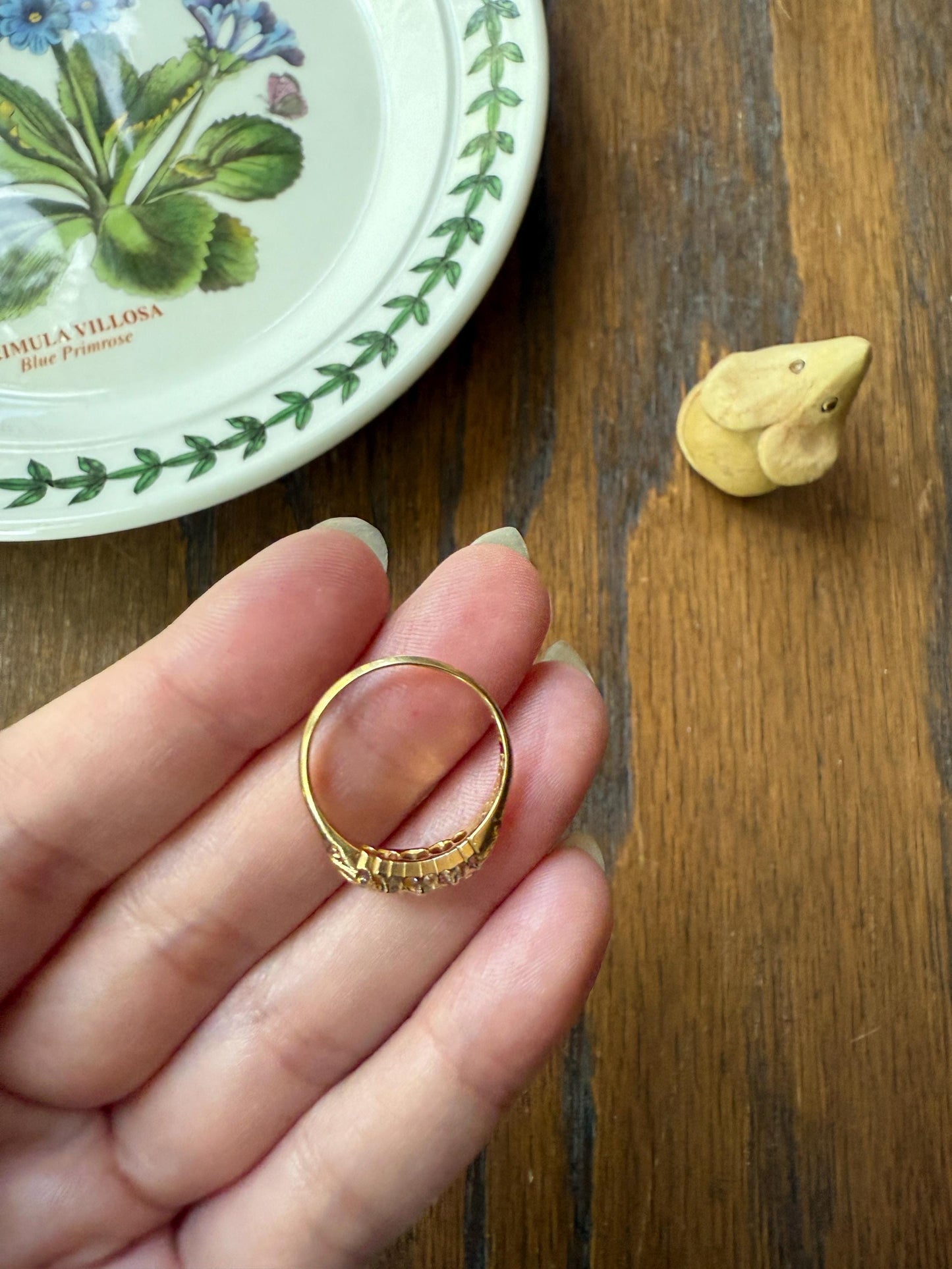 DATED April 17, 1904 Antique 2/3 Carat .65 Ctw Five Stone Old Mine Cut Diamond 18k Gold Band Romantic Gift Wedding Row Stacker Ringstack OMC