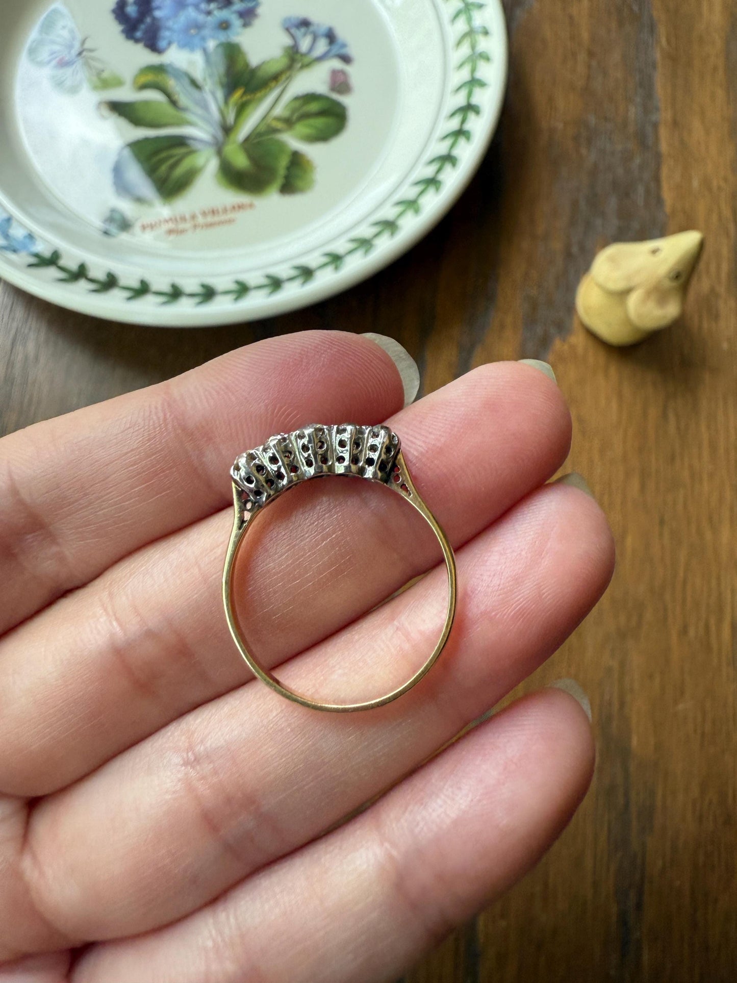 TALL Antique 0.6 Ctw Five Stone Old Mine Cut Diamond 18k Gold Platinum Band Romantic Gift Wedding Stacker Ringstack OMC Champagne