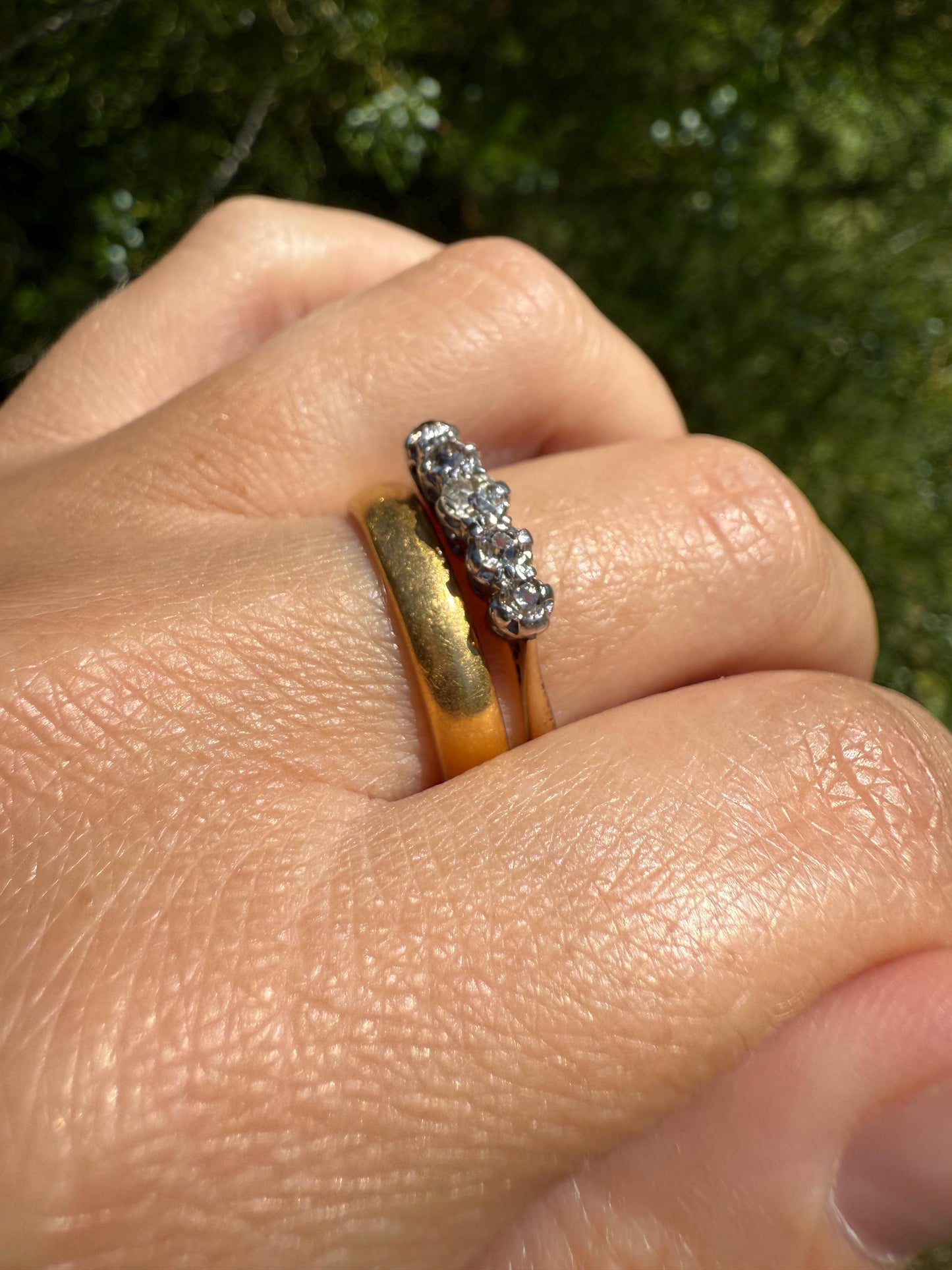 TALL Antique 0.6 Ctw Five Stone Old Mine Cut Diamond 18k Gold Platinum Band Romantic Gift Wedding Stacker Ringstack OMC Champagne
