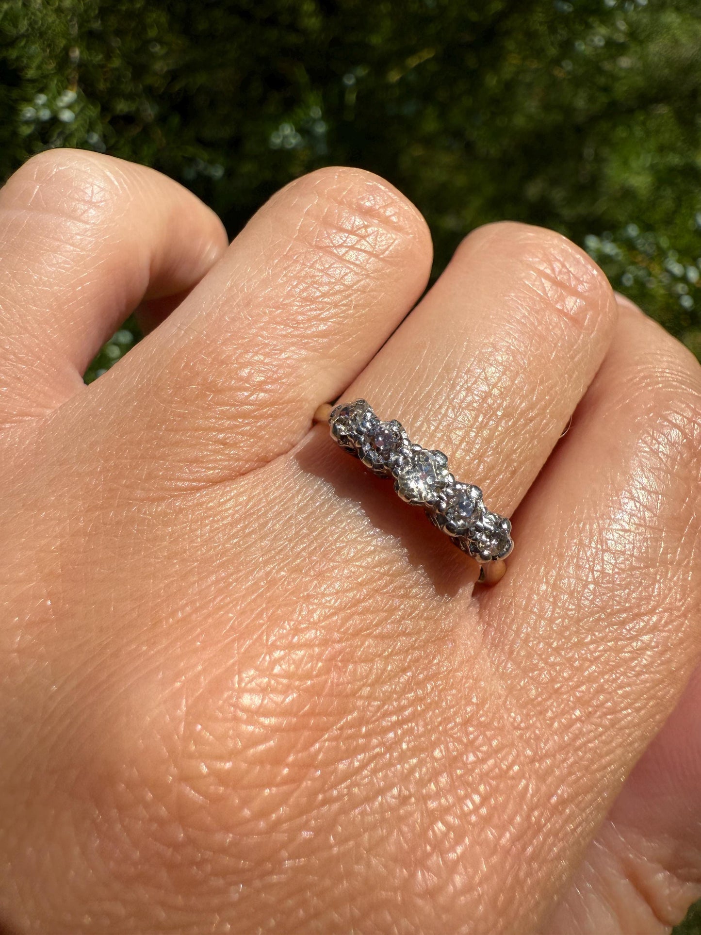 TALL Antique 0.6 Ctw Five Stone Old Mine Cut Diamond 18k Gold Platinum Band Romantic Gift Wedding Stacker Ringstack OMC Champagne