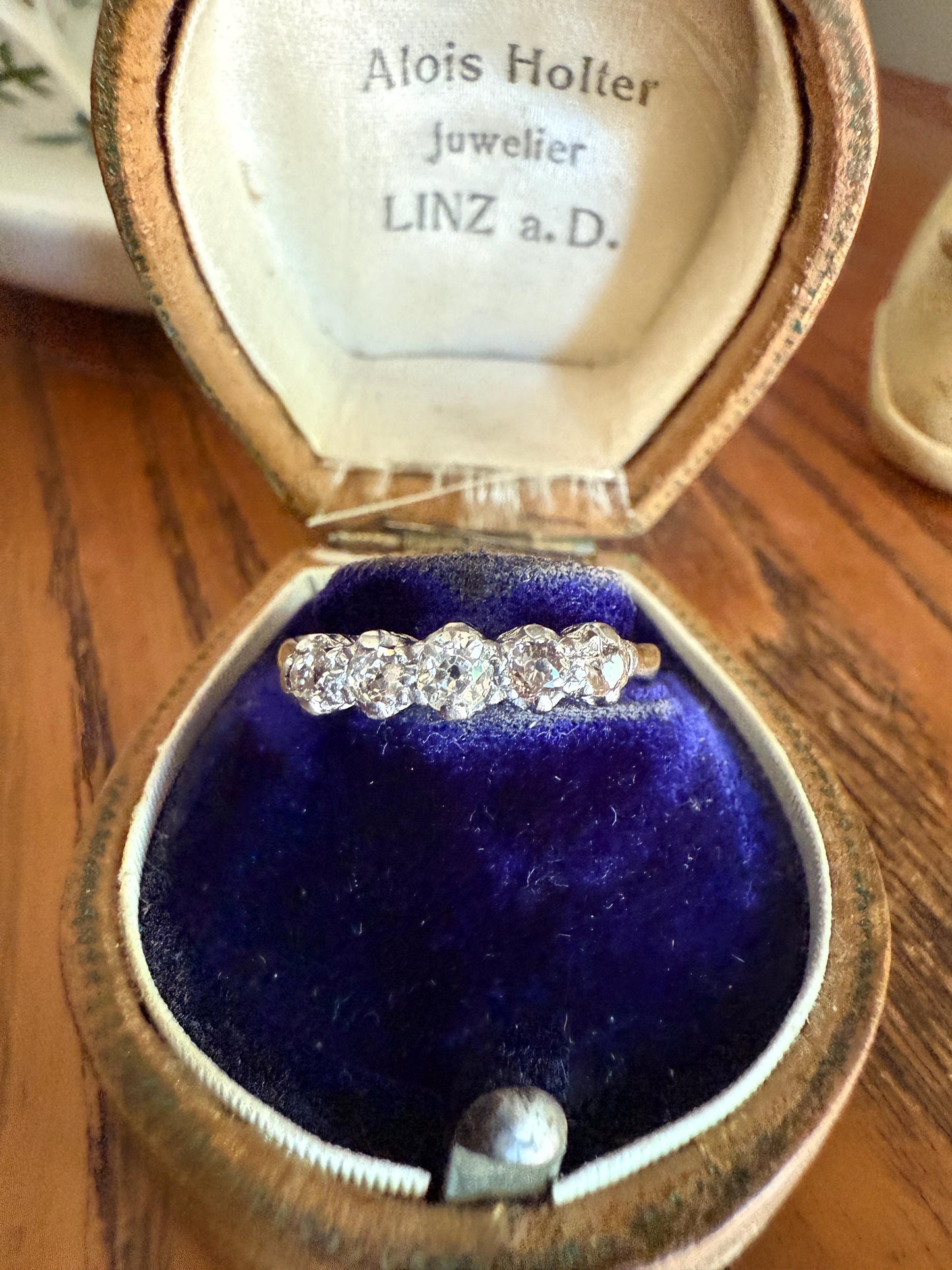 TALL Antique 0.6 Ctw Five Stone Old Mine Cut Diamond 18k Gold Platinum Band Romantic Gift Wedding Stacker Ringstack OMC Champagne