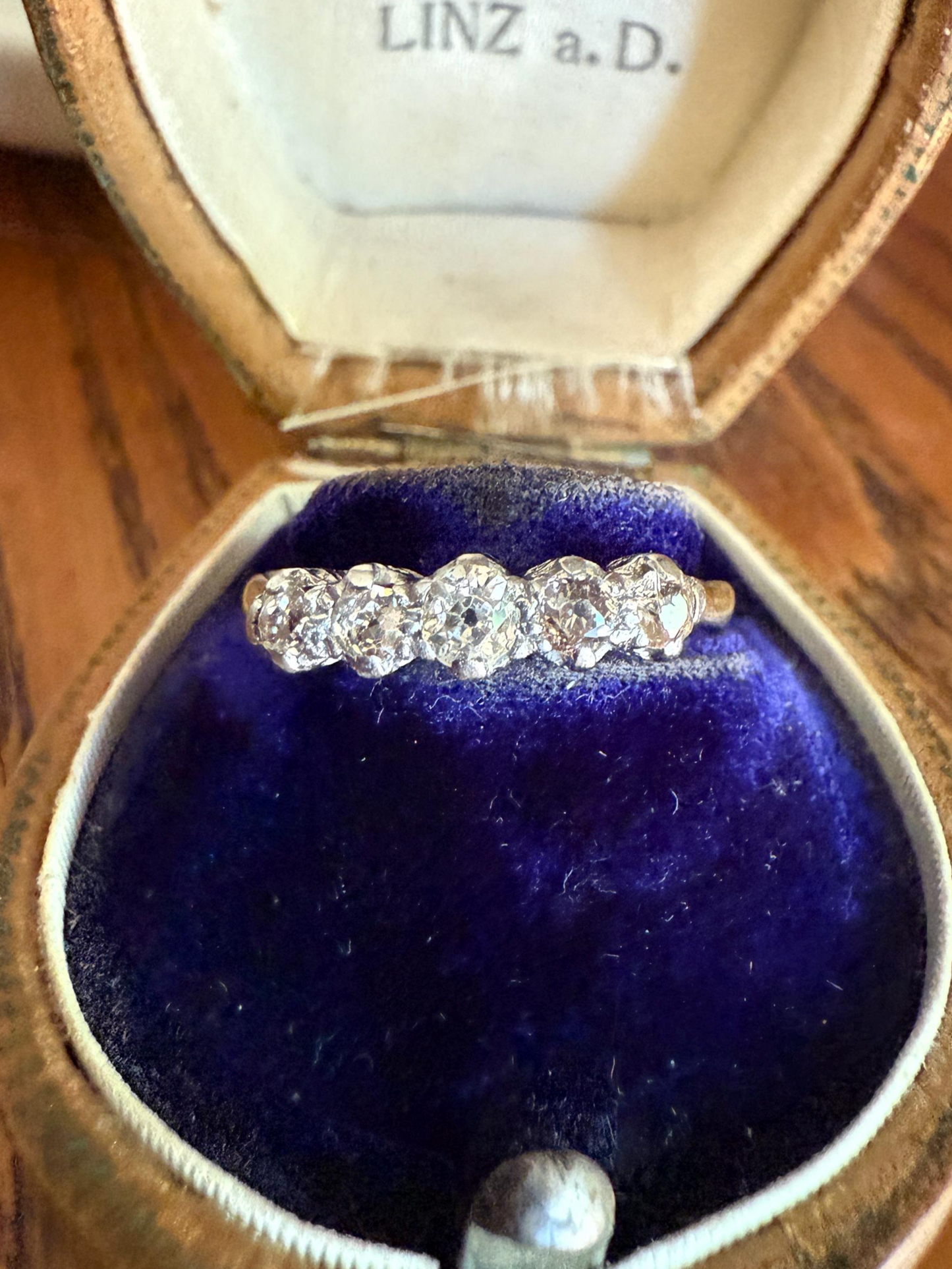 TALL Antique 0.6 Ctw Five Stone Old Mine Cut Diamond 18k Gold Platinum Band OMC Champagne
