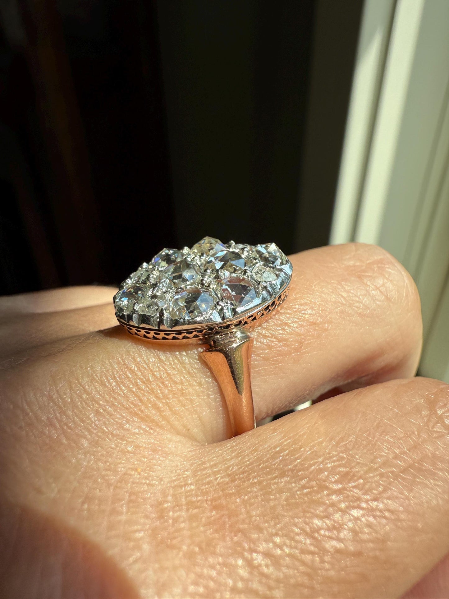 Extraordinary French Antique 3 Carat Scale Dutch Rose Cut DIAMOND 18k Gold Platinum Cluster Oval Stacker Rare Gift Bauble Fiery Disco Ball